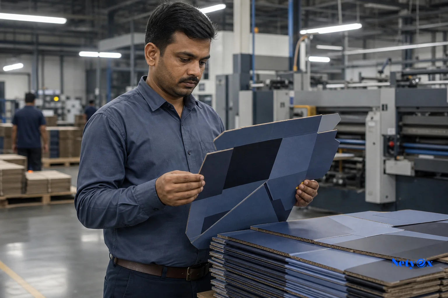 Quality inspector checking printed cartons on a factory production line in India. Photorealistic photograph of a quality control inspector in a packaging factory in India examining a stack of printed corrugated mailer boxes under bright