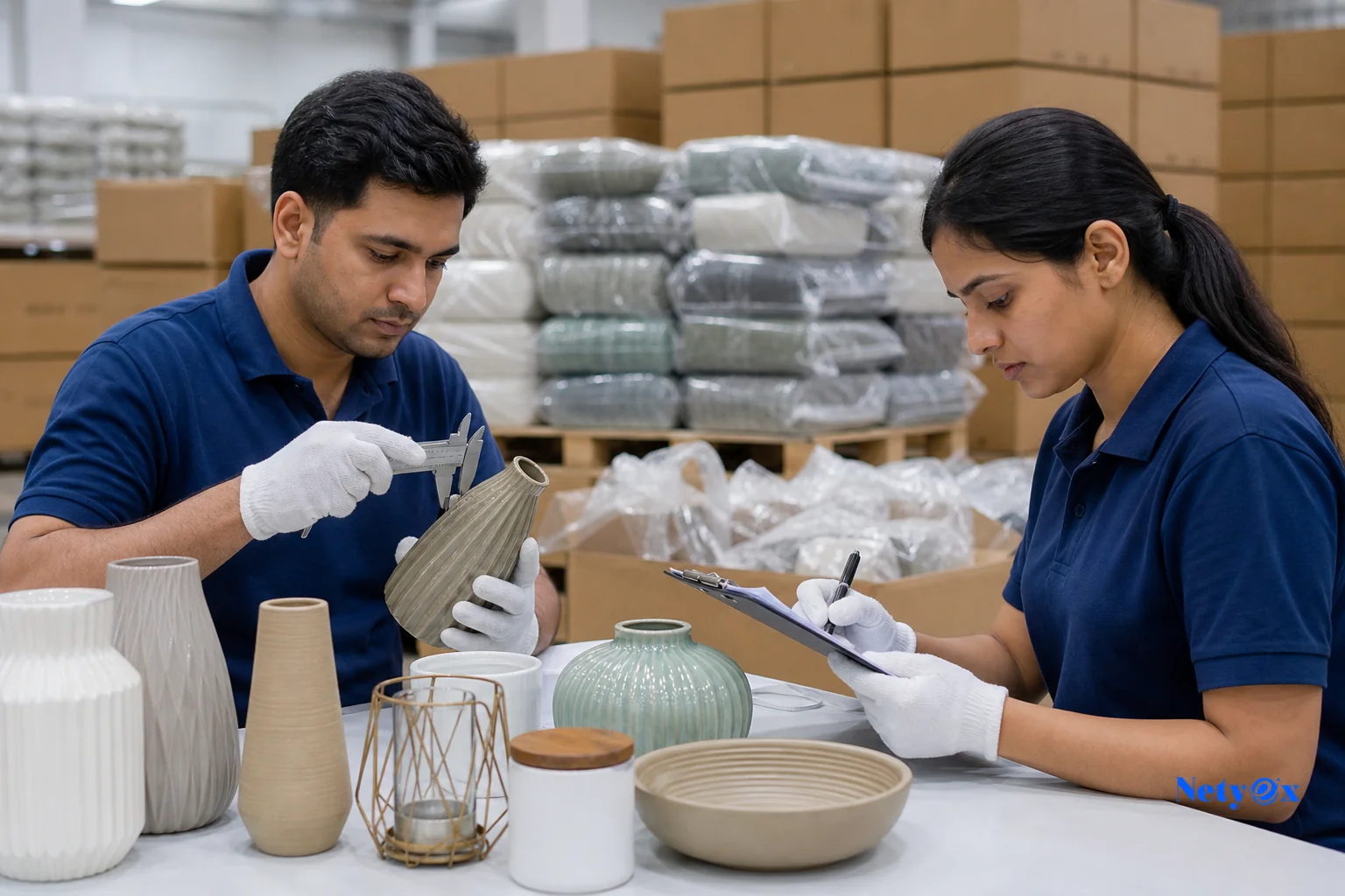 Quality control team inspecting and packaging Amazon FBA private-label products before export from India