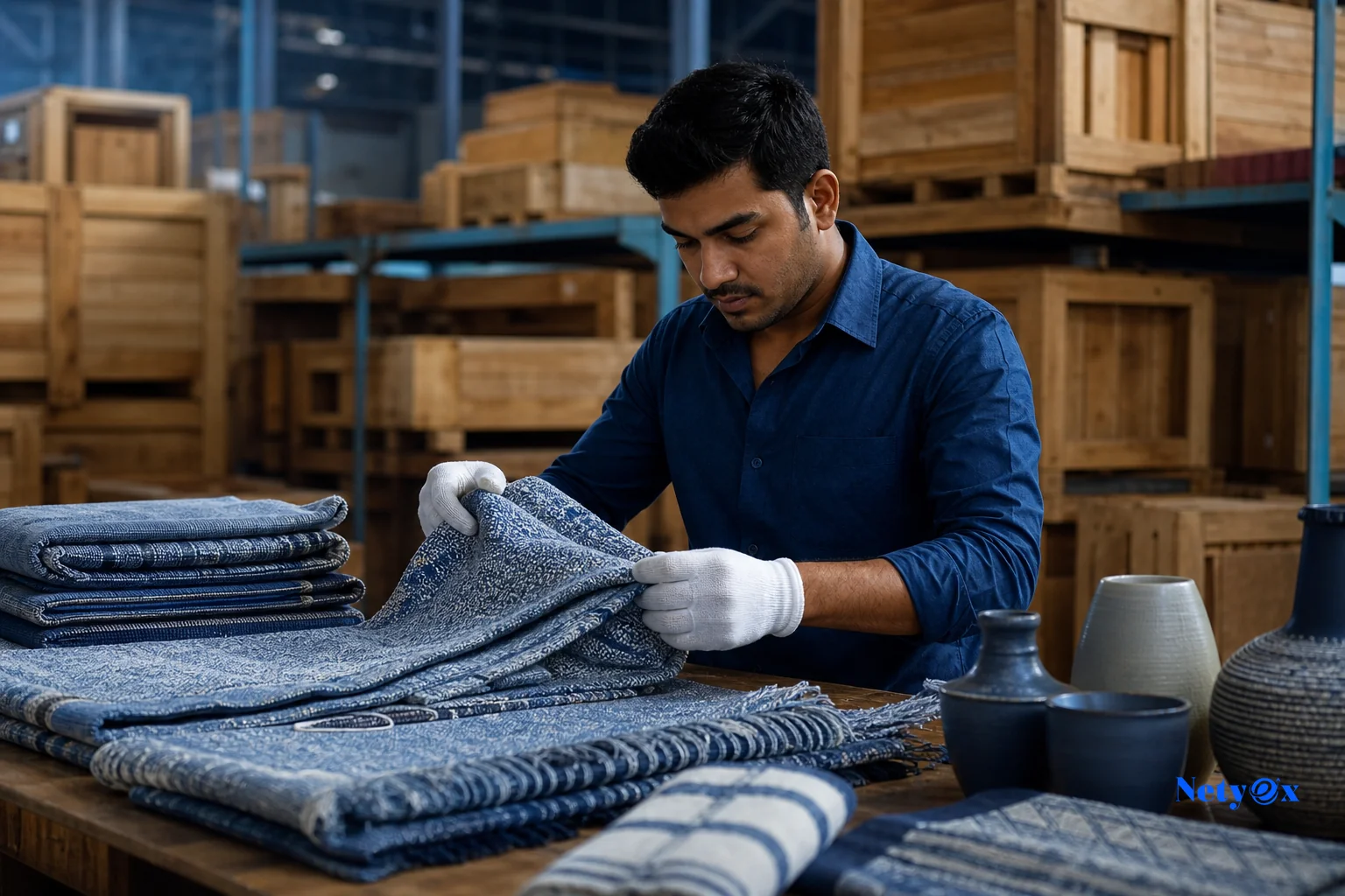 Warehouse quality control inspector checking packaged goods before export, representing cost factors like inspection and product complexity. photorealistic photo of a quality control inspector examining handicraft and textile products on a