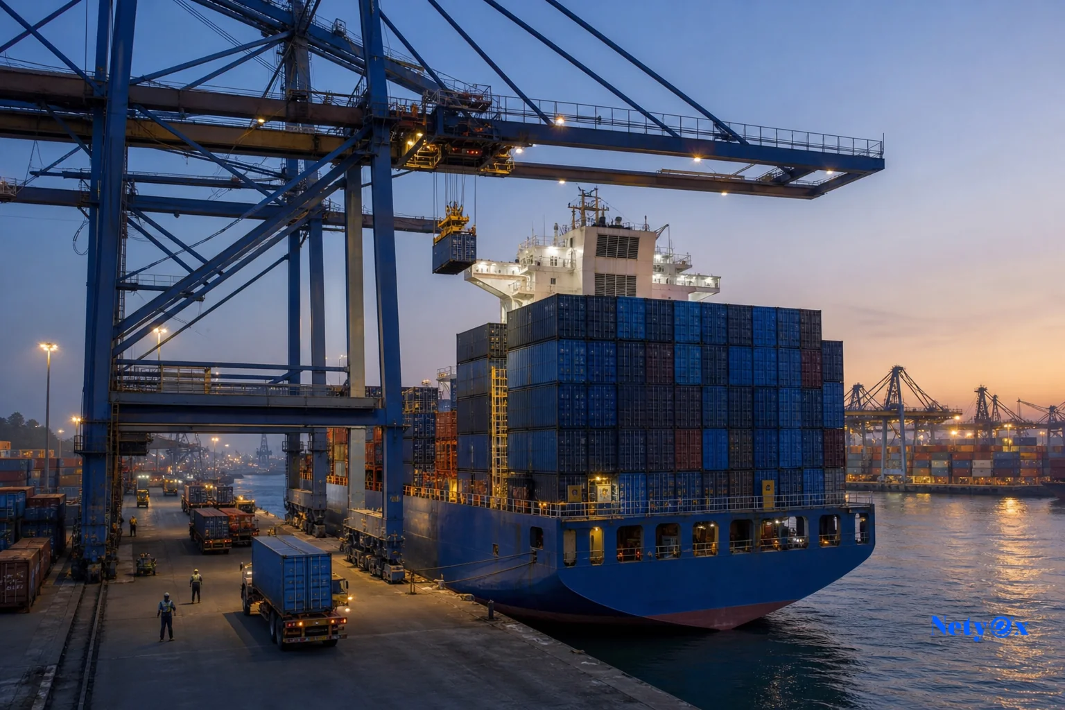 Container ship at an Indian port loading cargo for Southeast Asia route. photorealistic photo of a large container ship being loaded with export cargo at an Indian port at dusk, cranes and shipping containers in blue and steel tones