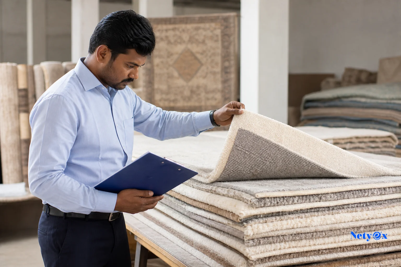 Quality inspector examining wool rug samples in a factory setting. photorealistic photo of a quality control inspector in India examining a stack of wool rug samples under natural daylight in a factory showroom, checking pile density and