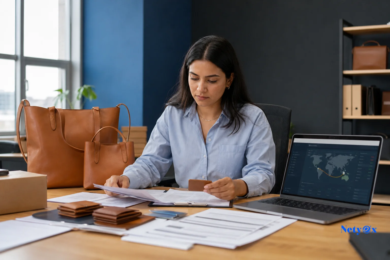 Sourcing specialist reviewing leather product samples with a laptop and shipment documents. photorealistic photo of a sourcing specialist at a desk reviewing leather bag samples alongside export documents and a laptop showing a tracking