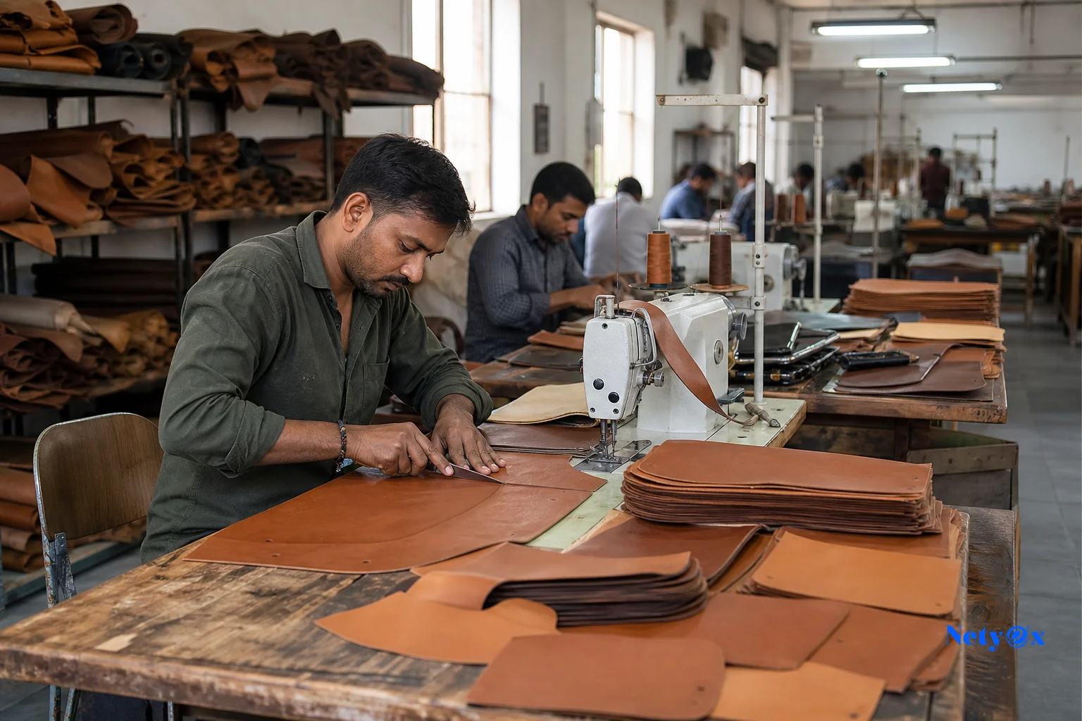 Leather workshop in India with artisans working on bags. photorealistic photo of an Indian leather goods workshop, artisans cutting and stitching leather bag panels on wooden workbenches, natural daylight through factory windows, rows of