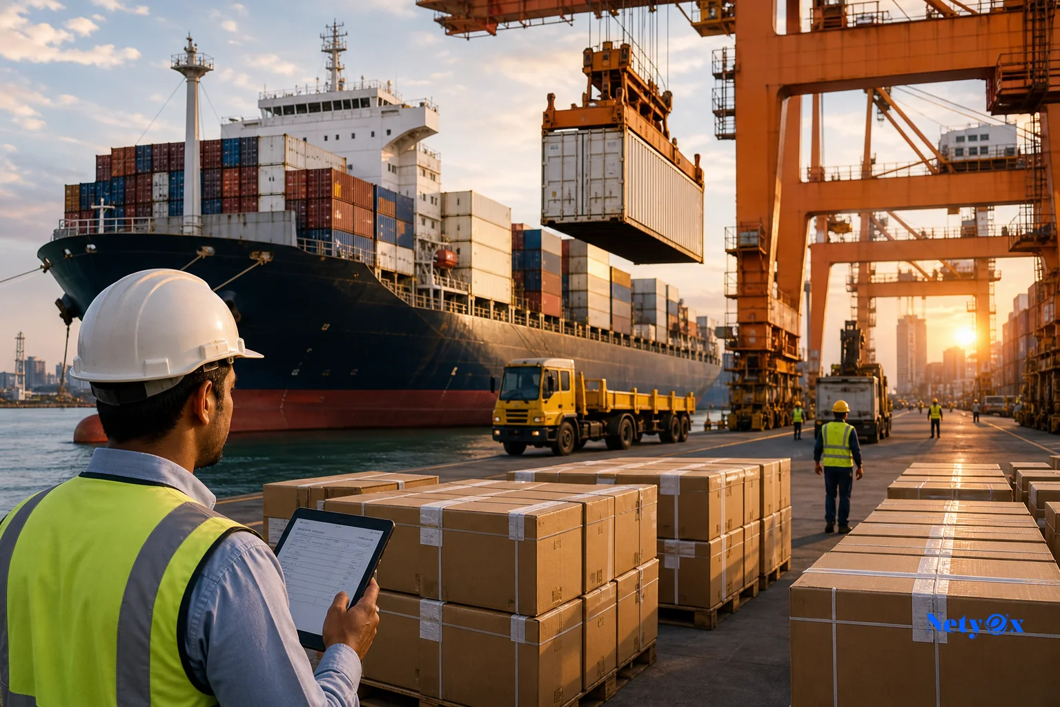 Export shipping containers being loaded at an Indian port for international delivery to the USA, UK, and UAE