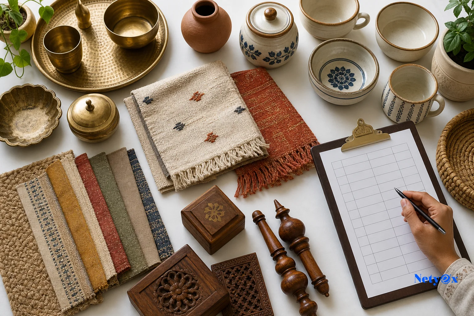 Pre-production samples of Indian handicrafts, brass tableware, and textile swatches laid out for quality inspection and approval