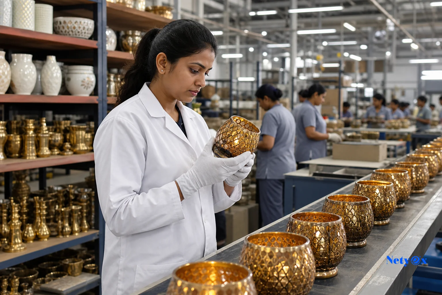 Quality control inspector examining finished home decor products on an Indian factory production floor