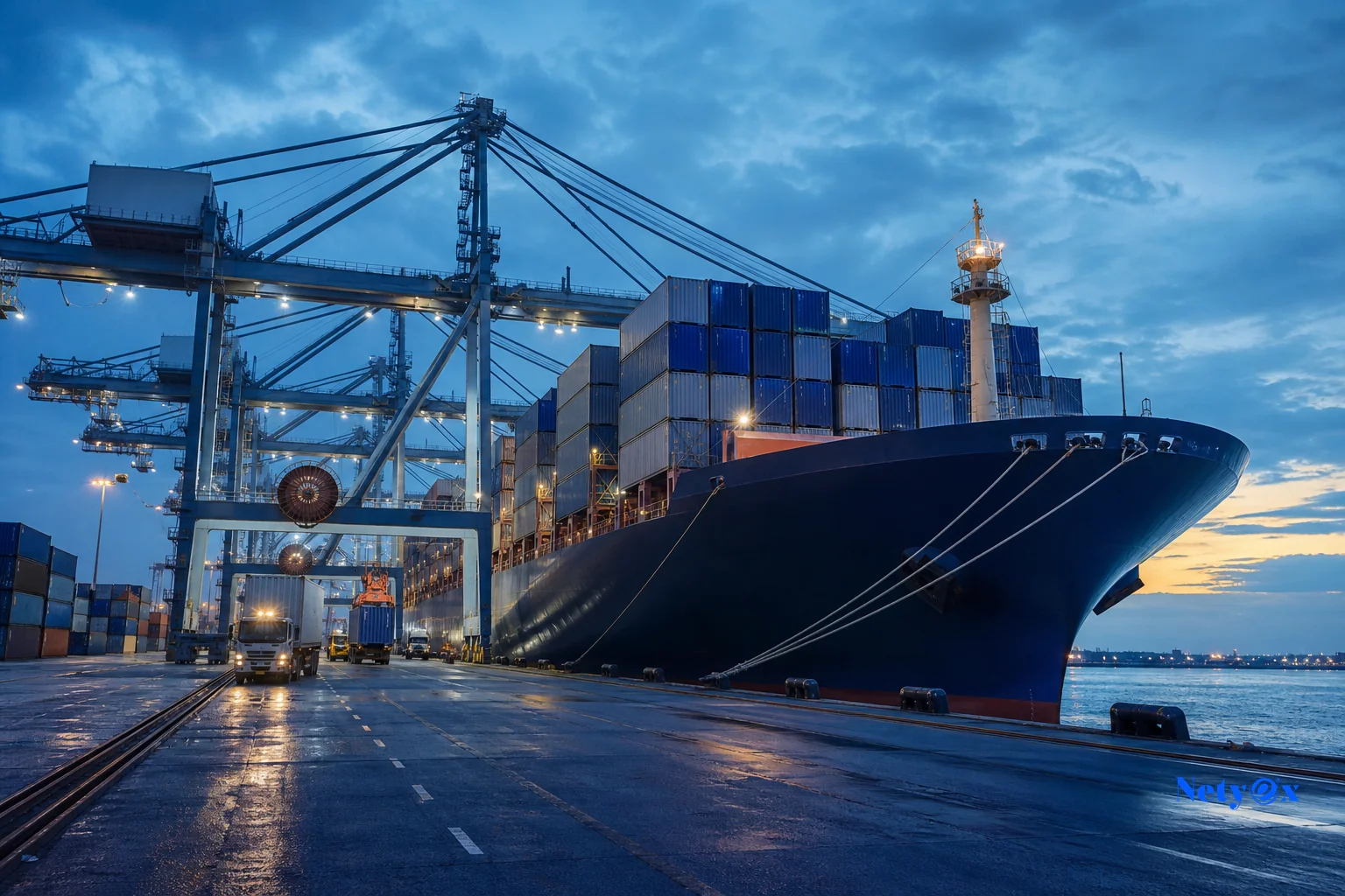Container ship at an Indian port loading cargo bound for Canada. Photorealistic photo of a large container ship docked at a busy Indian seaport at dusk, stacked shipping containers in blue and grey tones, cranes loading cargo, dramatic sky
