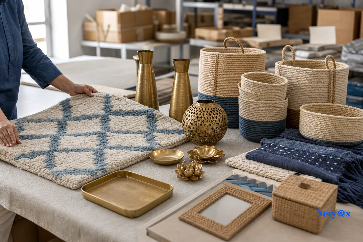Assortment of Indian handcrafted home decor products arranged for wholesale export inspection. Photorealistic photo of an organized assortment of Indian handcrafted home decor products, including a hand-tufted wool rug, brass decor pieces