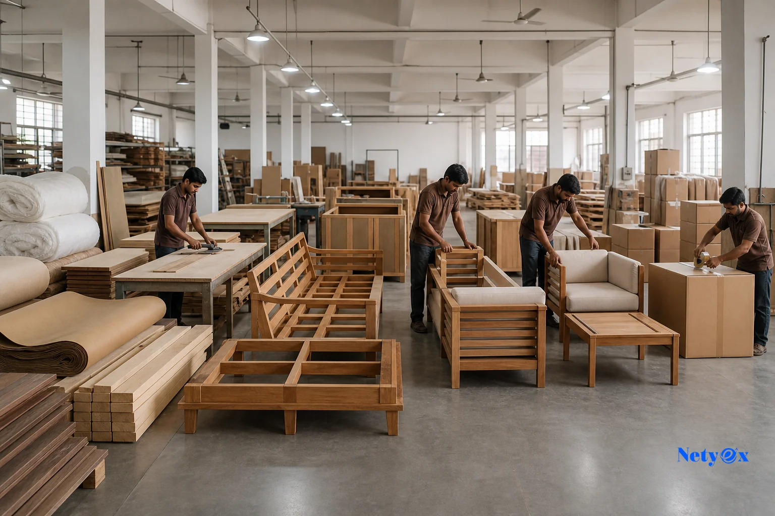 Production timeline in an Indian furniture workshop showing stages from raw material to mid-production checkpoint