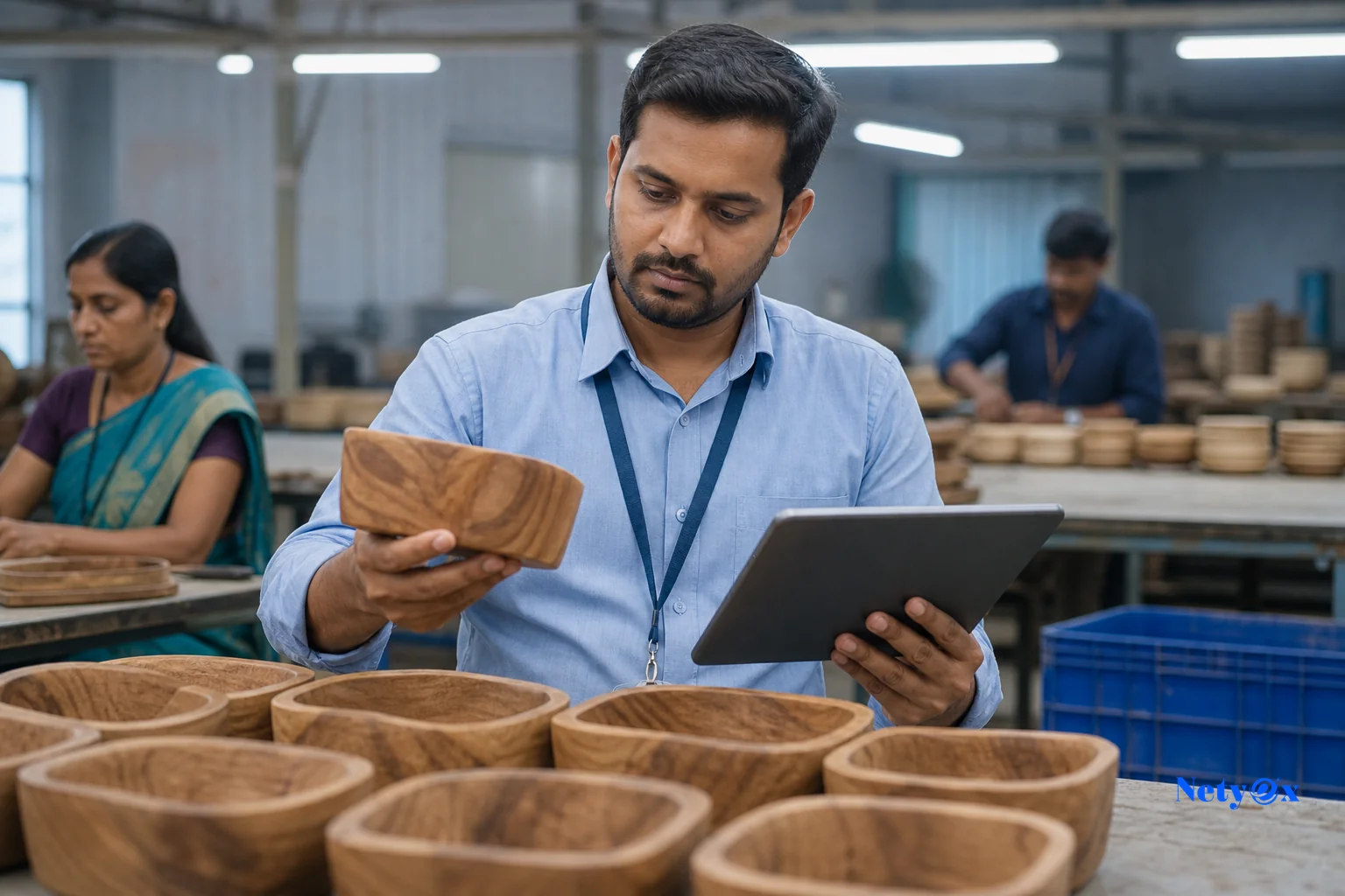 Independent third-party inspector comparing an approved sample against in-progress production in an Indian factory