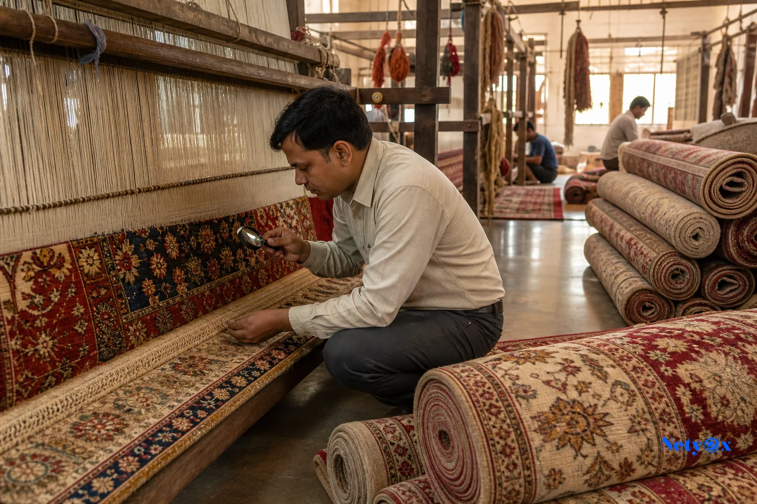 Wide view of an Indian rug production floor with an inspector reviewing weave quality mid-production
