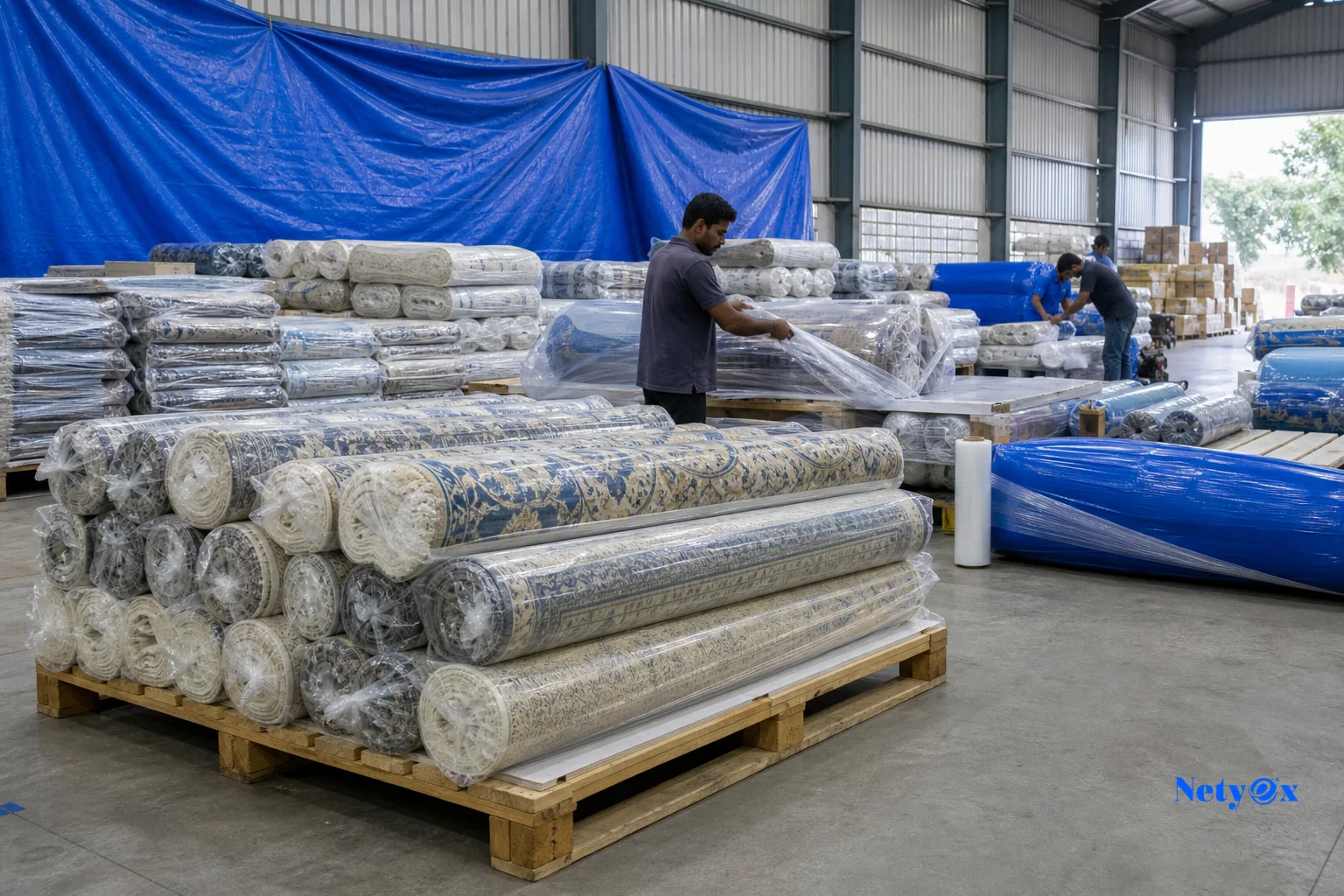 Stack of rolled wool rugs ready for export, palletized in a warehouse. Photorealistic photo of a export warehouse in India with several large rolled wool rugs stacked on wooden pallets ready for shipment, workers in the background wrapping