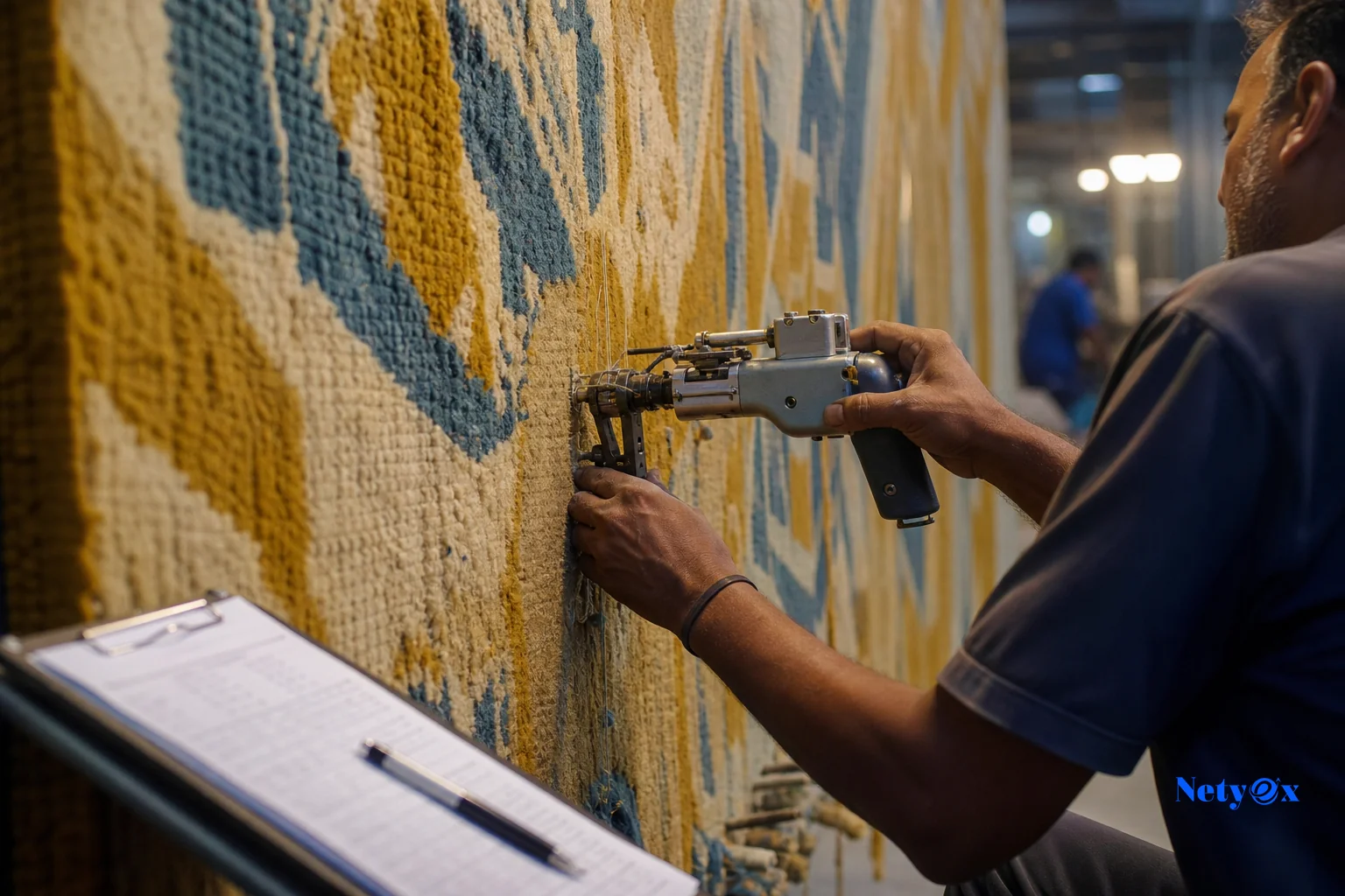 Close-up of hands reviewing a production checklist alongside a partially completed hand-tufted rug in a factory setting. Photorealistic photo of an Indian rug manufacturing workshop, close-up shot of a craftsman's hands working a