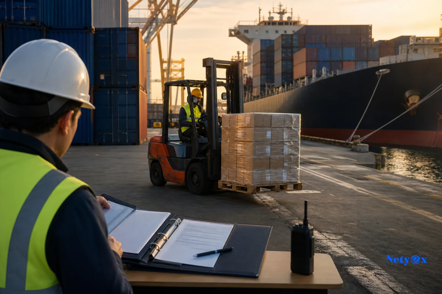 Container port at golden hour with stacked shipping containers representing export logistics from India to global markets