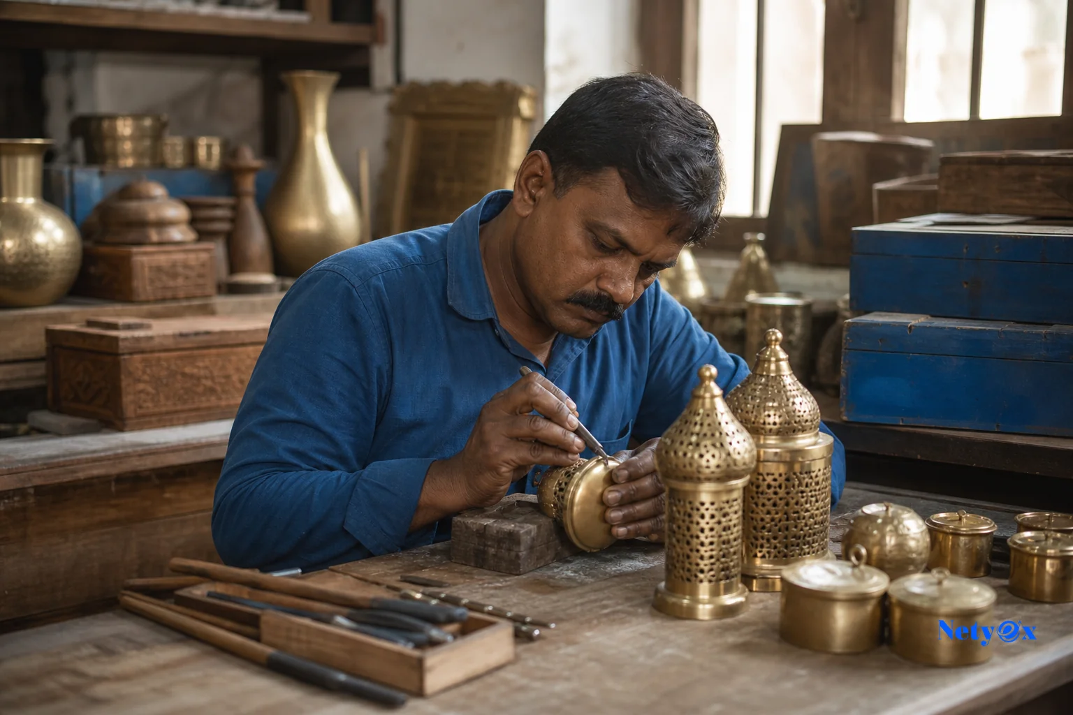 Indian artisan hand-finishing a brass handicraft item in a workshop, representing India's category strength in handmade goods