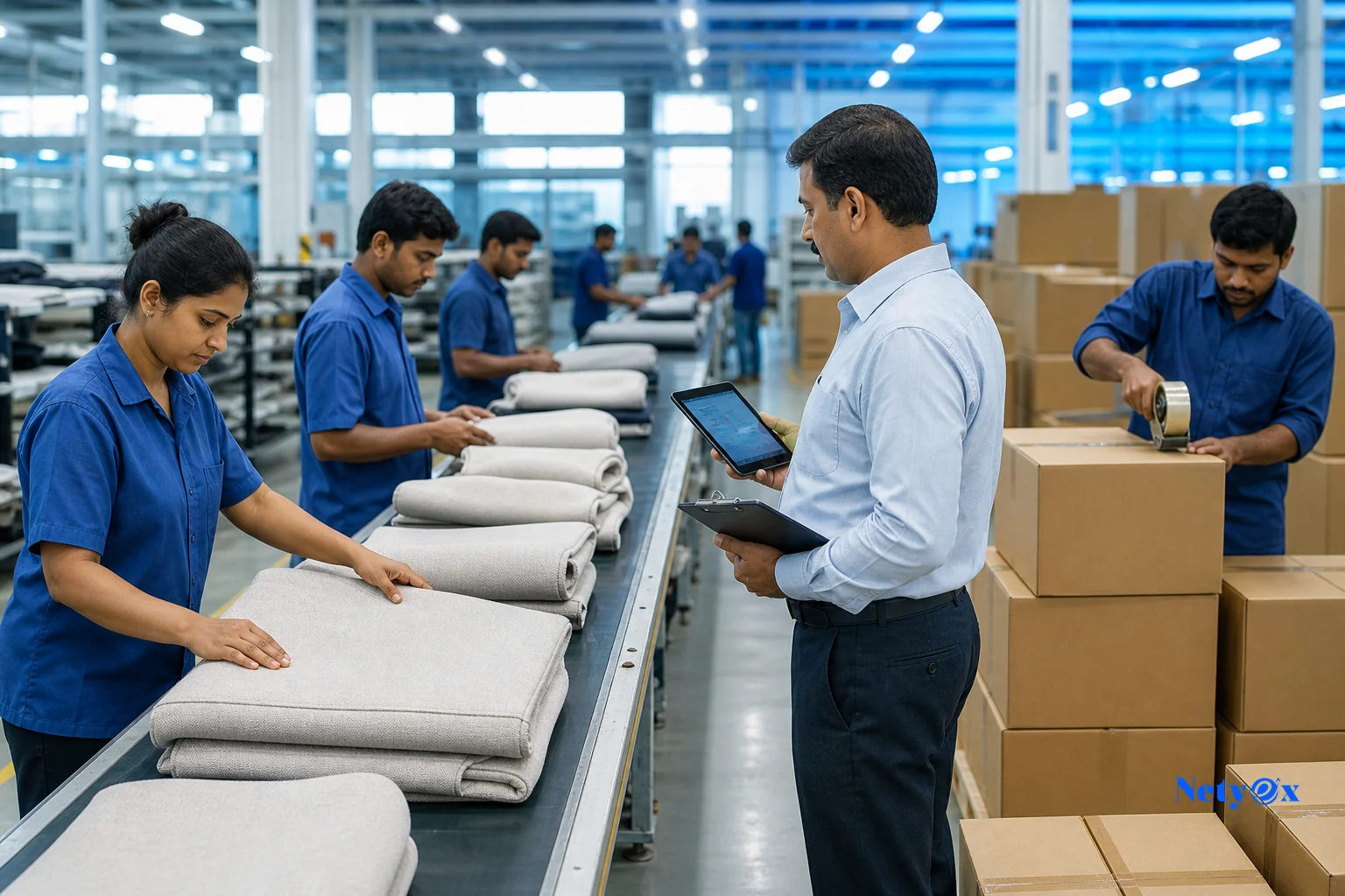 Organized production facility floor with workers inspecting finished export goods and tracking order status
