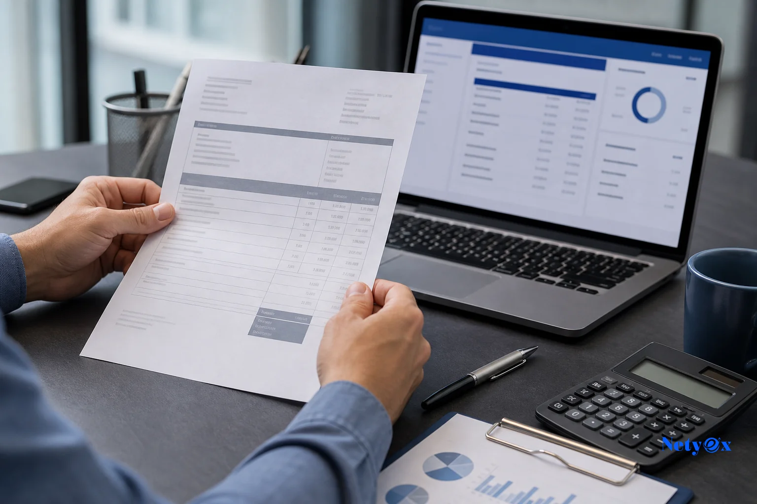 Close-up of hands reviewing a printed proforma invoice next to a laptop showing supplier bank details