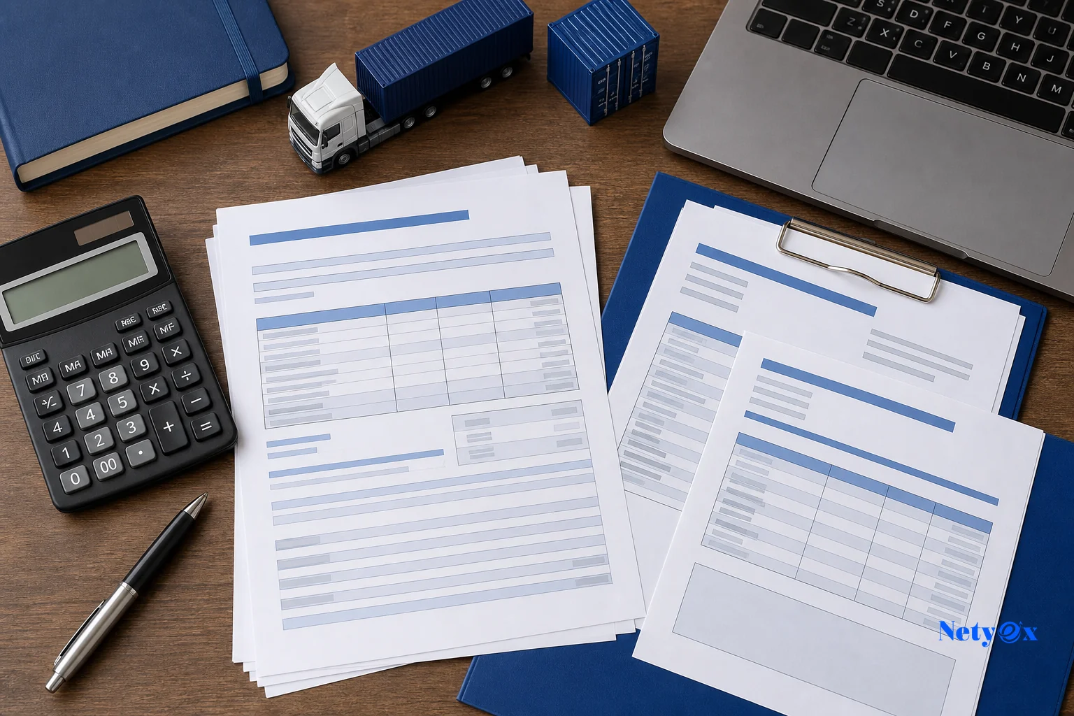 Overhead flat-lay of export documents and a laptop representing a checklist before wiring payment to an Indian supplier