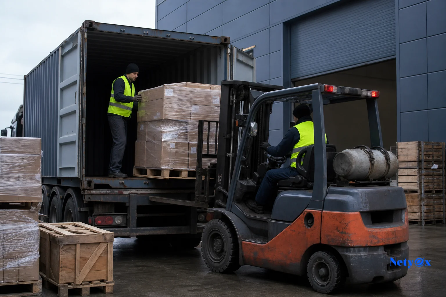 Pallets of imported home decor goods being unloaded at a US warehouse dock. Photorealistic: A loading dock scene with a shipping container partially open, wooden pallets stacked with wrapped cartons and handicraft boxes being unloaded by a