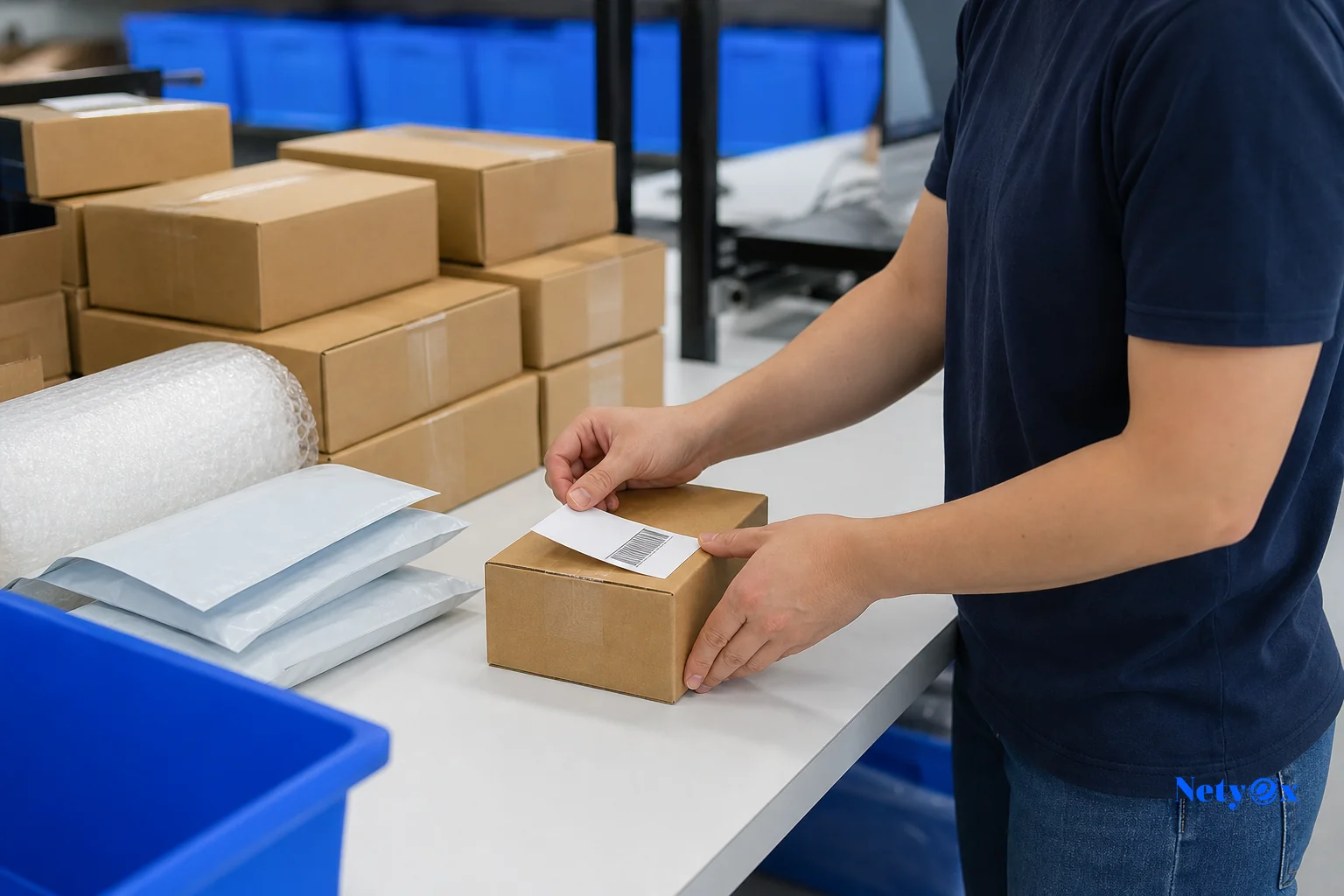 Photorealistic: Close-up of a fulfillment prep table with a worker applying a shipping label to a small carton box, poly bags and bubble wrap nearby, stacked small parcels ready for pickup, bright clean workspace with blue accent storage