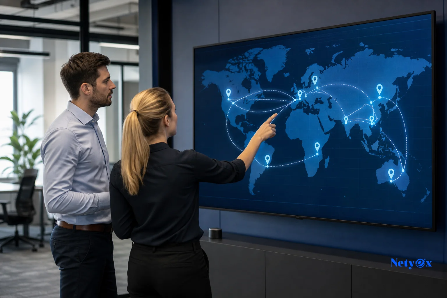 Business team reviewing a fulfillment strategy and shipment map on a screen. Photorealistic: Two professionals, a man and a woman, standing in an office reviewing a large wall-mounted screen displaying a world map with shipping route lines