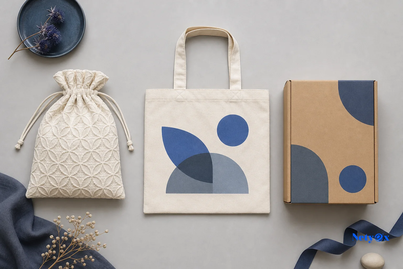 Flat lay comparing embroidered fabric pouch next to printed kraft box and screen-printed cotton bag. photorealistic flat lay photograph comparing three packaging samples side by side on a neutral grey surface: a textured embroidered fabric