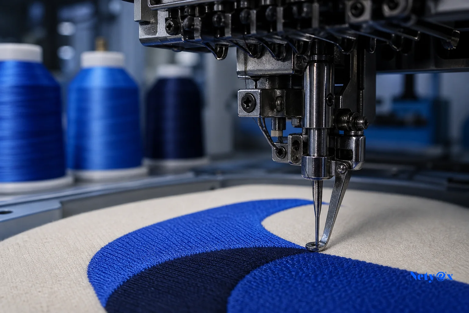 Macro shot of an embroidery machine needle stitching dense thread pattern into fabric. photorealistic macro photograph of an industrial embroidery machine needle mid-stitch, dense satin stitch thread pattern forming on cream canvas fabric