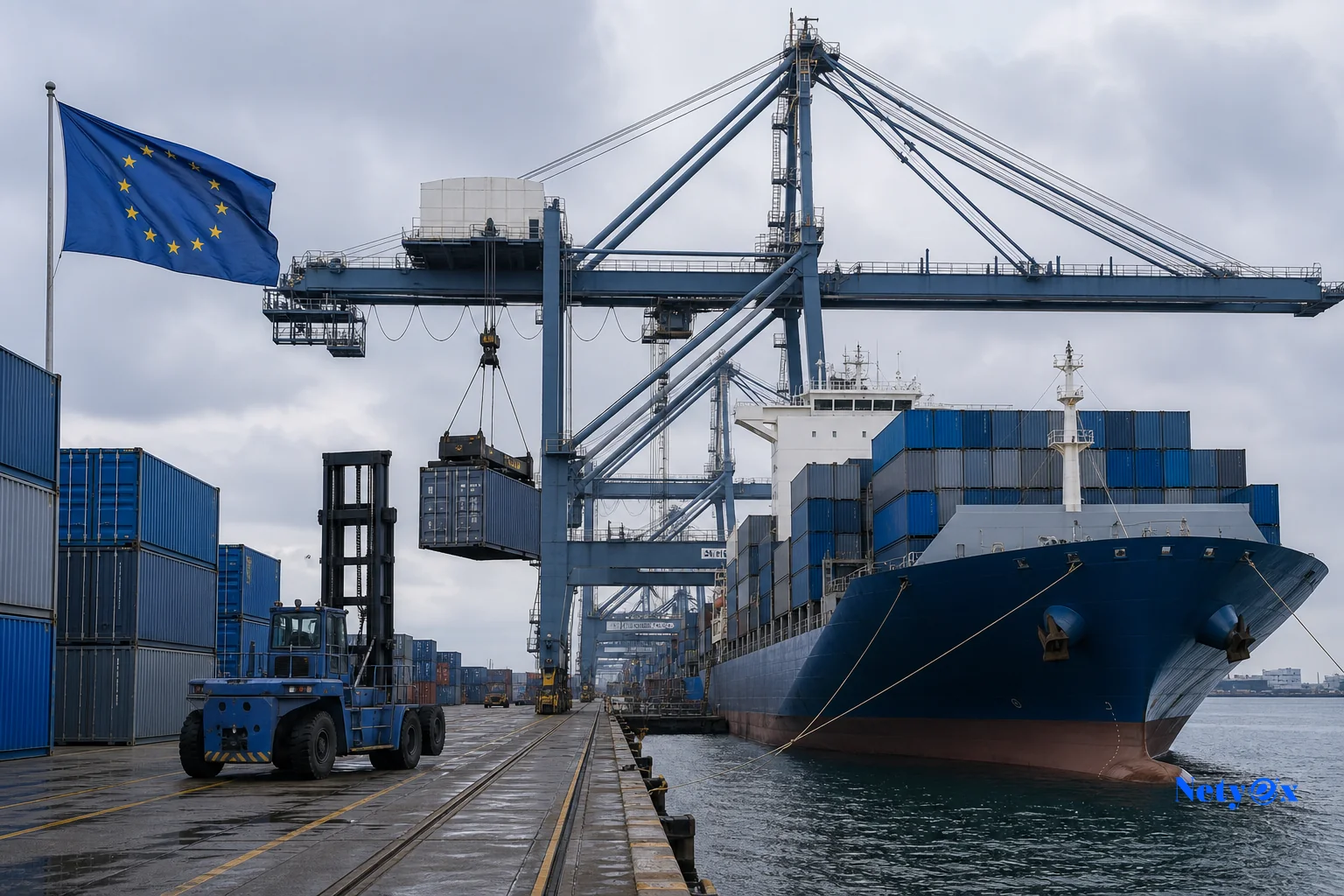 Cargo containers being loaded at an Indian port for sea freight to Europe. photorealistic: a busy Indian sea port with stacked shipping containers in blue and neutral tones, a cargo ship being loaded by a large gantry crane, overcast sky