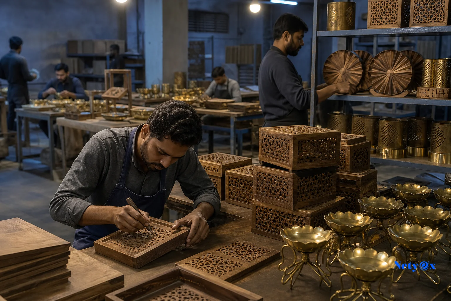 Indian artisan workshop producing handicrafts for export, showing verification and craftsmanship. photorealistic: inside an Indian handicraft manufacturing workshop, skilled artisans working on wooden and brass decor pieces, warm workshop