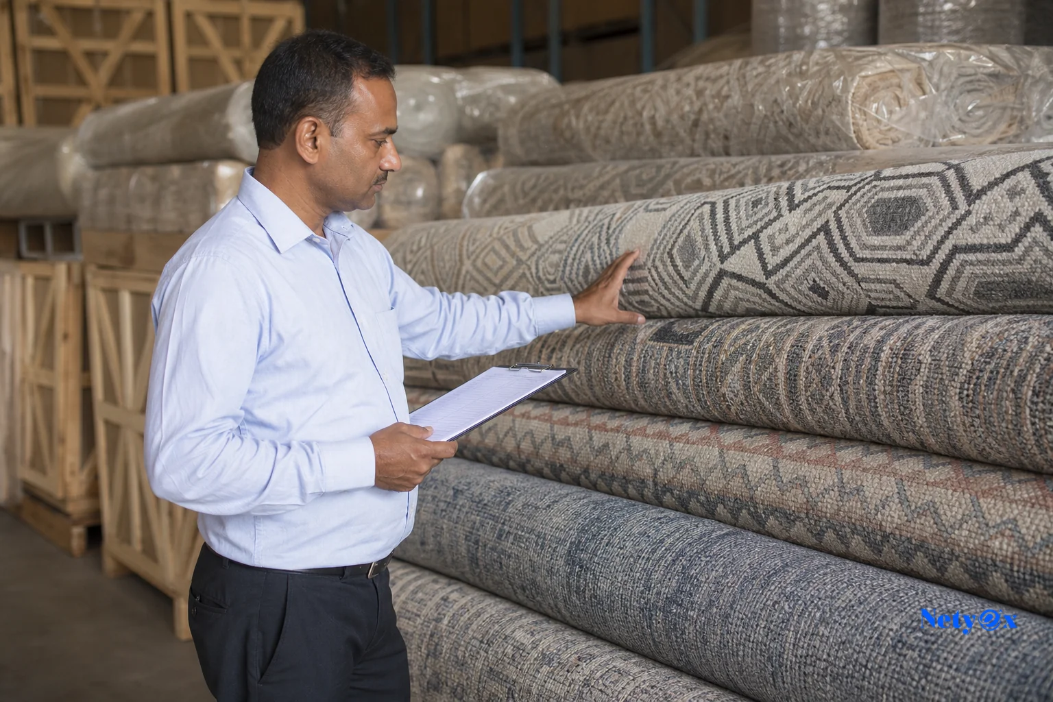 Inspector checking rugs before export shipment at a warehouse. photorealistic photo of a third-party quality inspector examining rolled export rugs in an Indian warehouse before shipment, clipboard with inspection checklist in hand, stacked