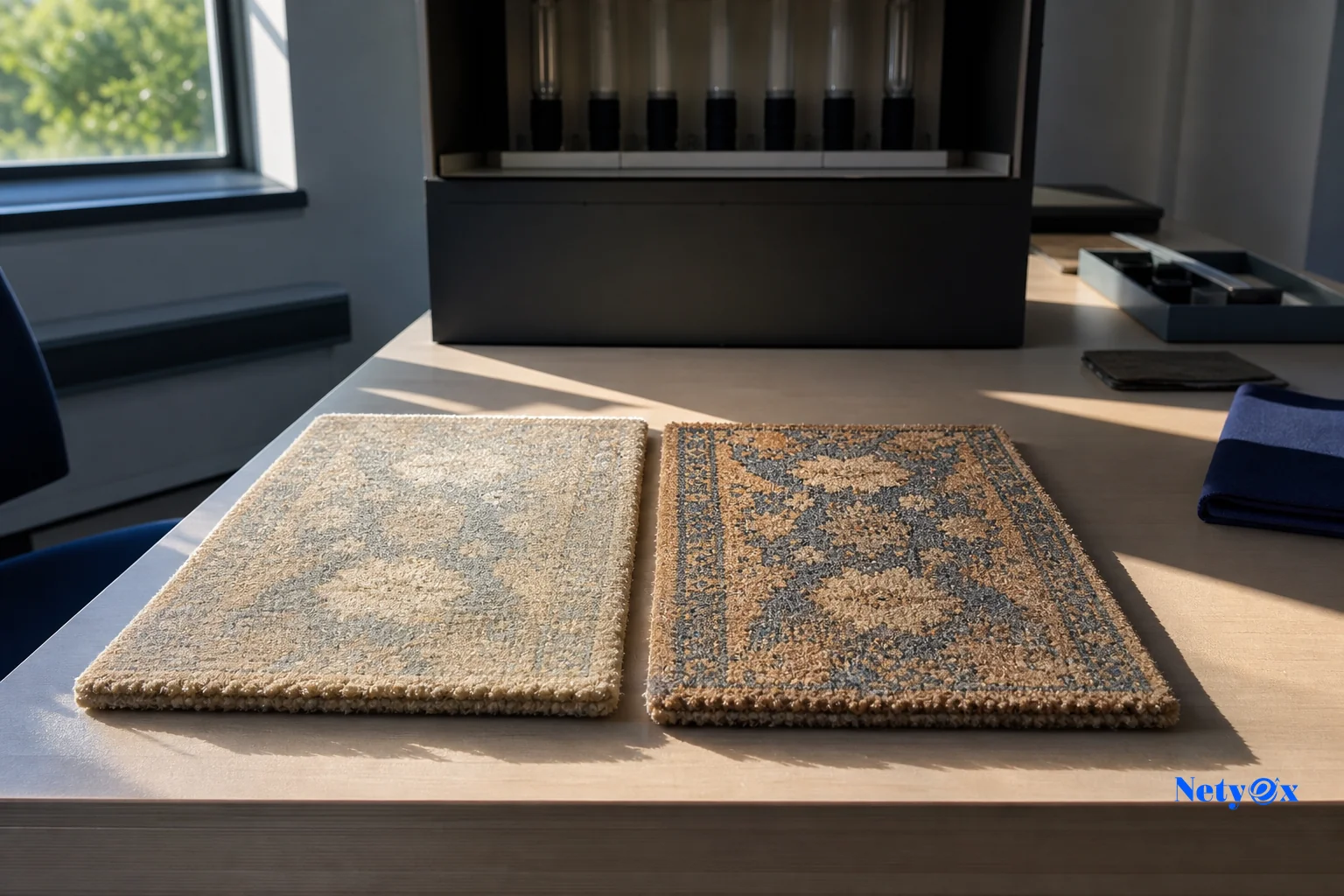 photorealistic photo of two identical wool rug swatches side by side under strong window sunlight, one swatch visibly faded and one vivid, demonstrating light exposure colorfastness testing, warm afternoon light, minimalist testing room
