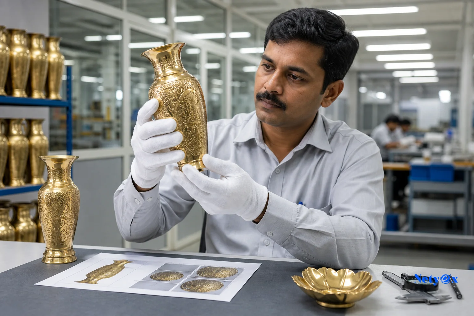 Quality control inspector examining a brass decor sample piece against a specification sheet in an Indian manufacturing facility
