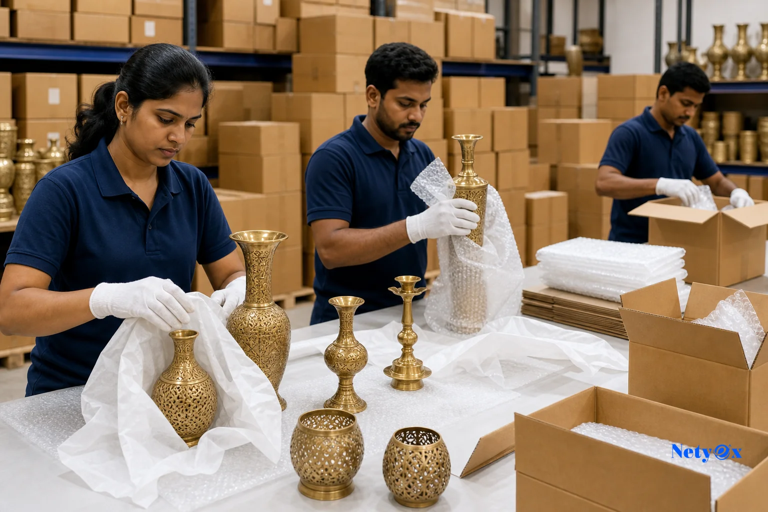 Workers carefully packing brass decor items in protective export packaging inside an Indian warehouse