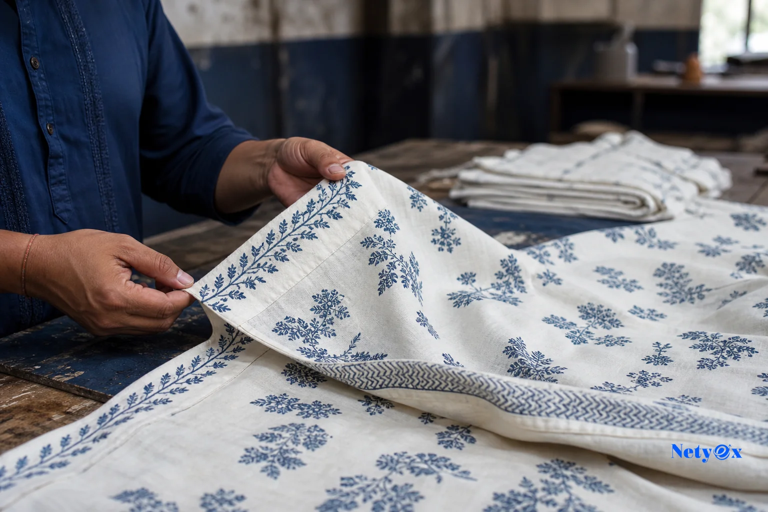 Quality inspector examining printed cotton fabric texture and hemming on a table linen sample