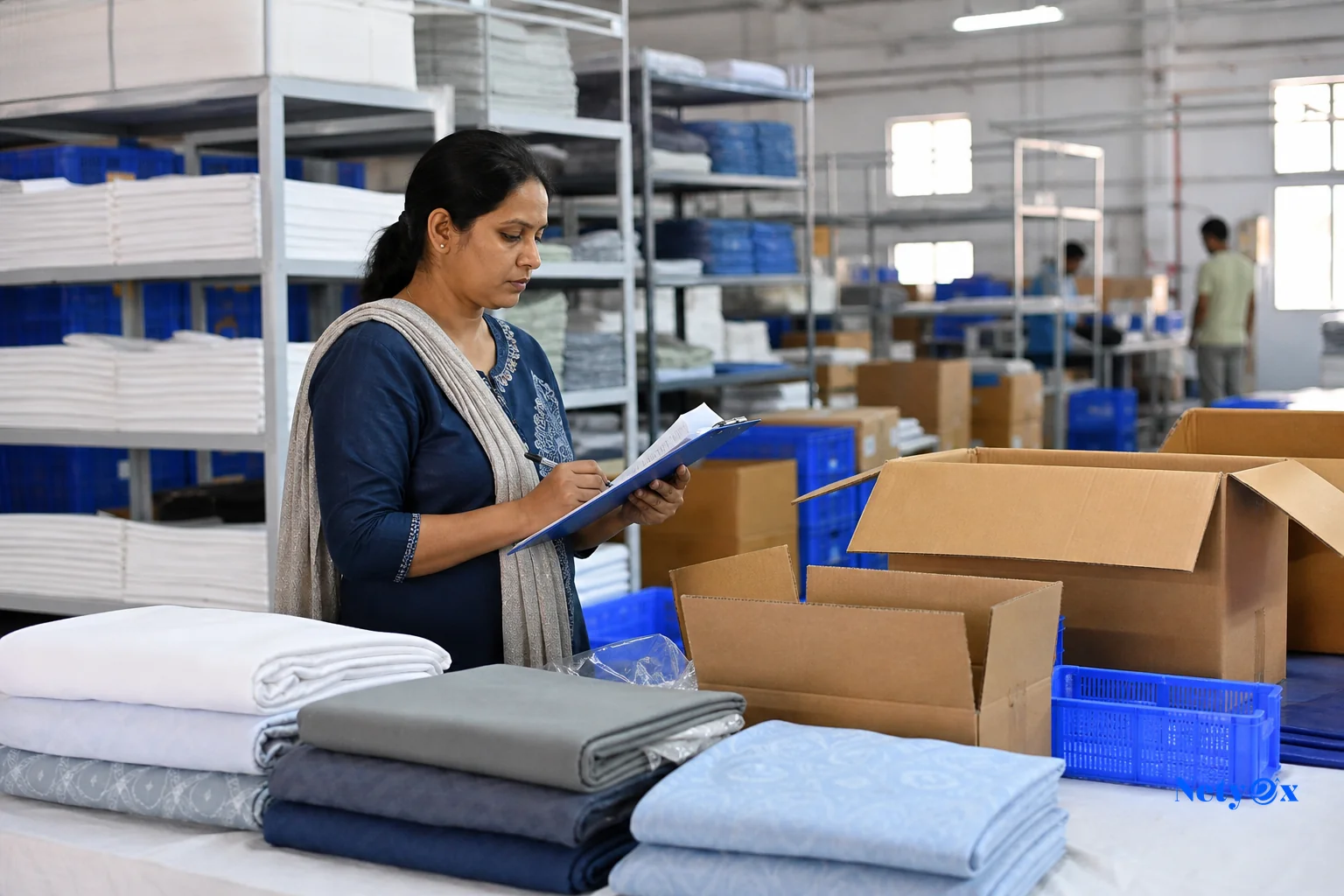 Quality control inspector checking folded table linen against a checklist before export packing