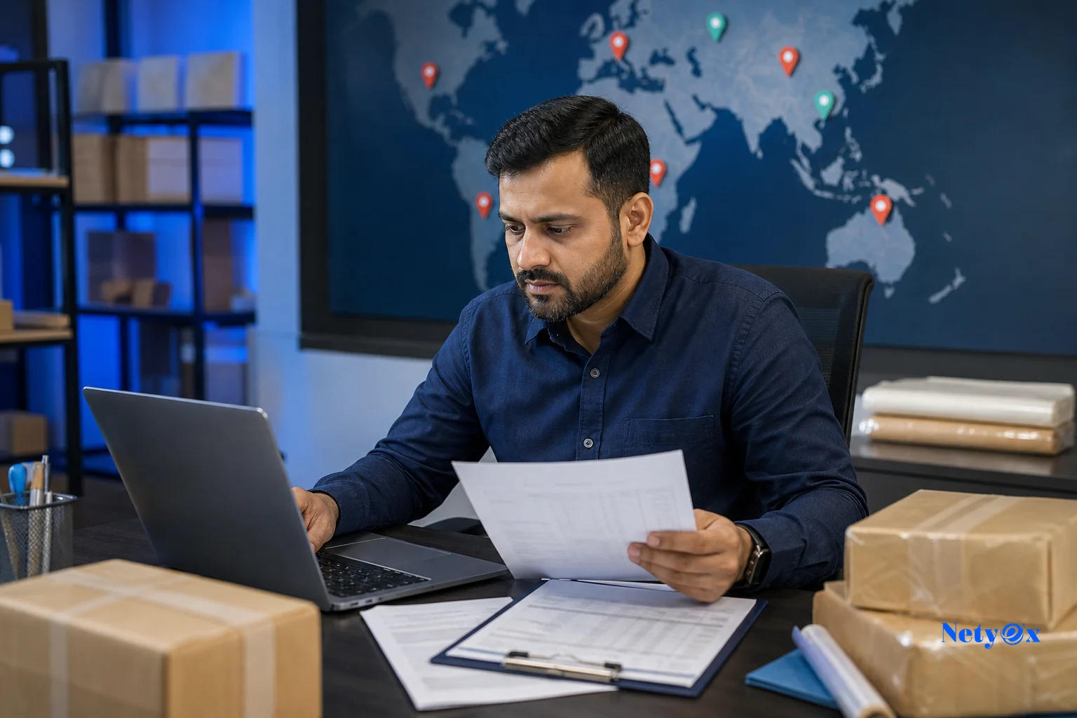 Logistics coordinator reviewing a multi-destination shipment plan for hotel rug orders. photorealistic photo of a logistics coordinator at a desk in an India sourcing office, reviewing a shipment tracking document and packing list on a