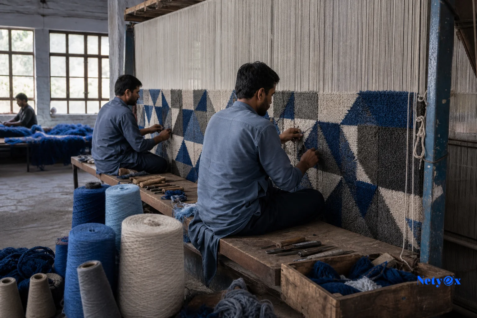 Factory floor with artisans tufting a large wool rug destined for multiple hotel properties. photorealistic photo of an Indian rug manufacturing workshop, artisans hand-tufting a large geometric wool rug on a frame, muted daylight through