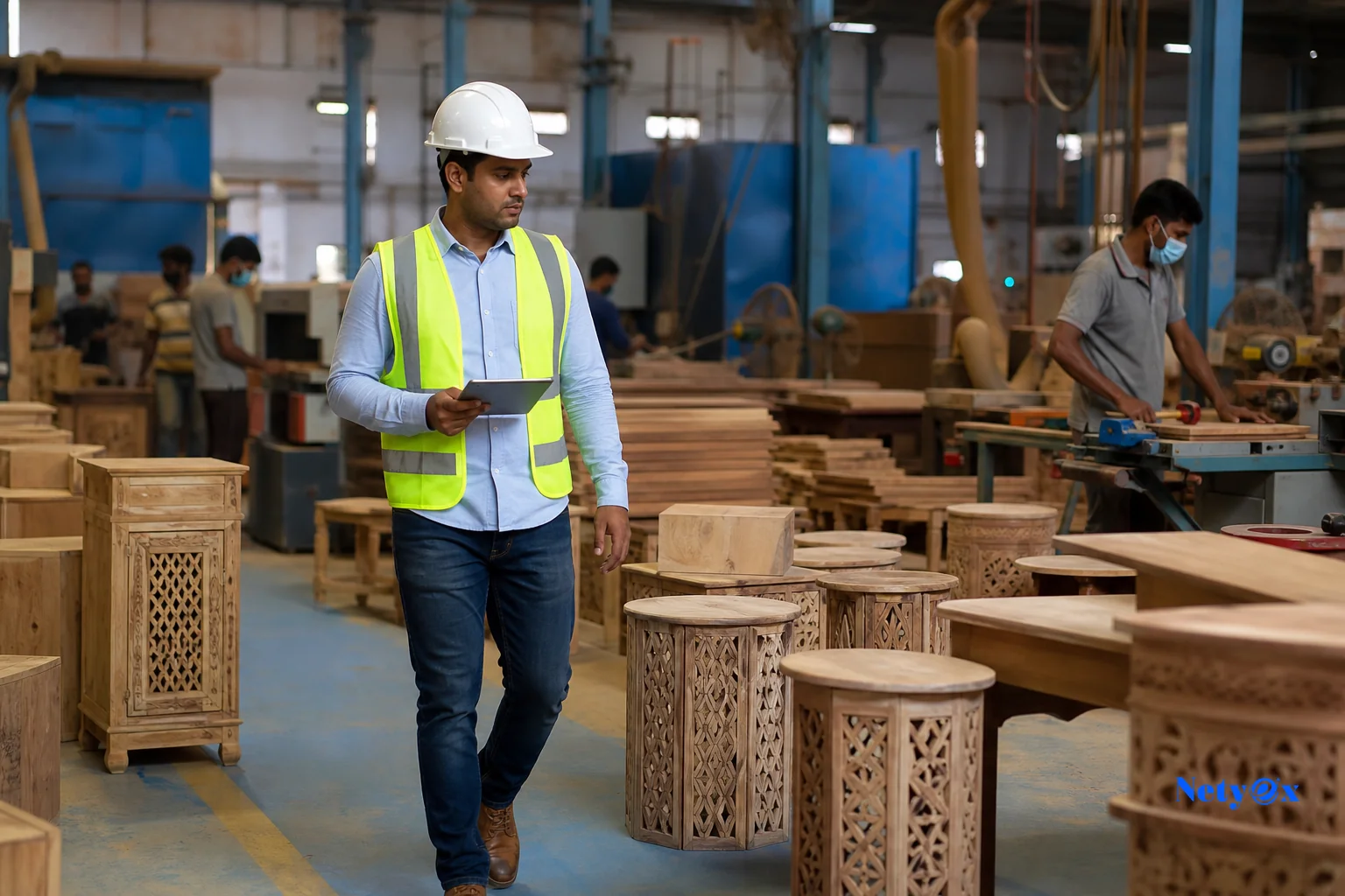 Quality control inspector checking export-ready textile and kitchenware products before shipment from India