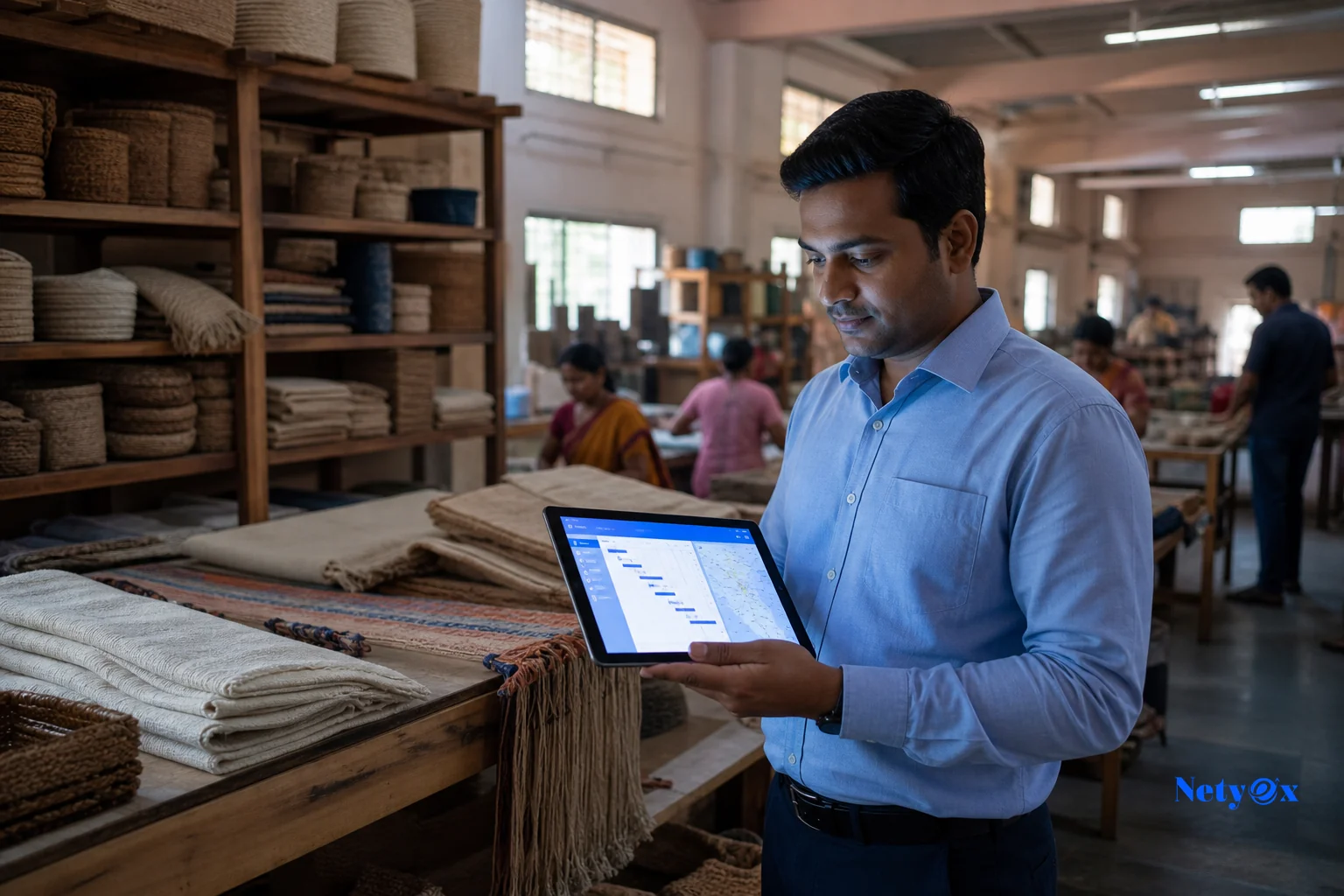 Sourcing specialist reviewing production and proforma invoice details inside an Indian manufacturing workshop