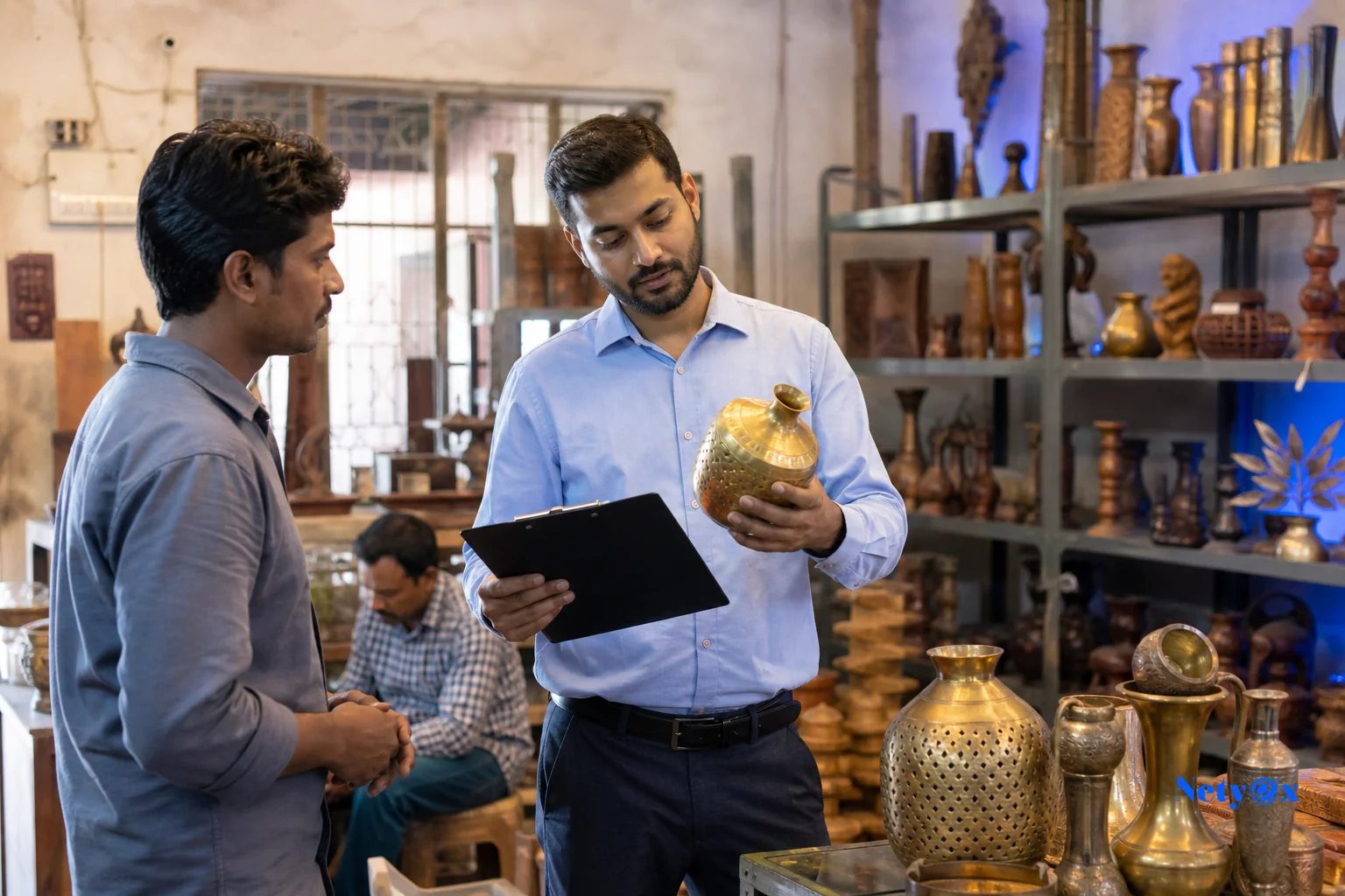 Photorealistic image of a sourcing specialist inspecting handicraft products inside an Indian manufacturing workshop. photorealistic, a documentary-style photograph inside a small Indian handicrafts workshop, a procurement specialist in