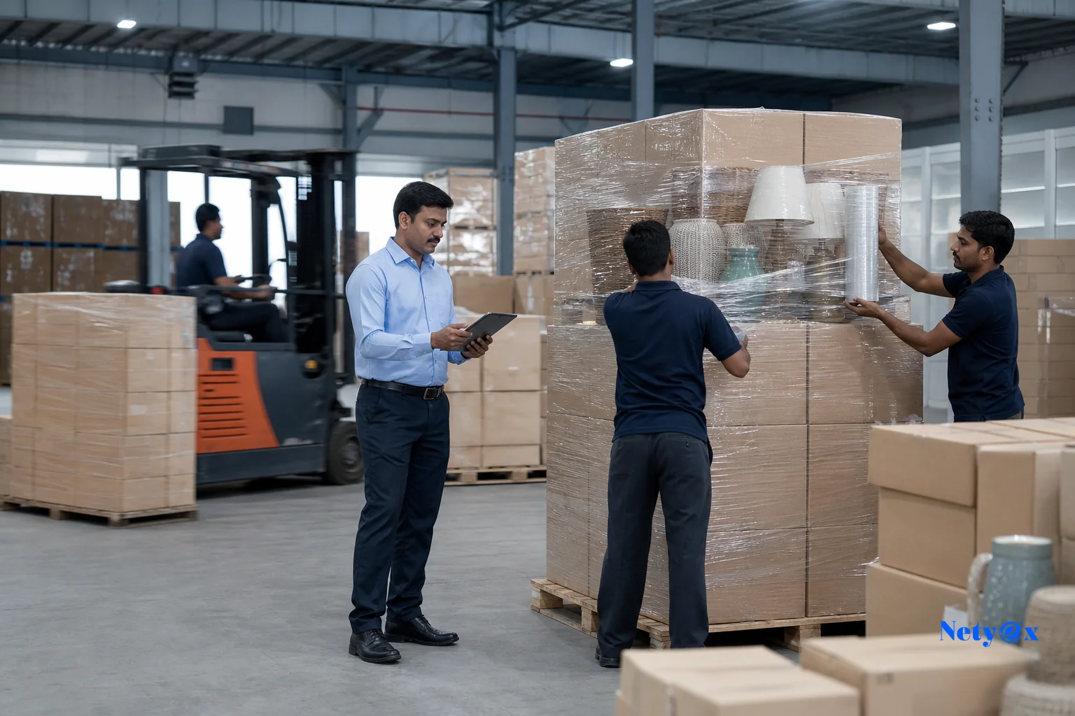 Photorealistic image representing global logistics and export coordination for home decor shipments from India. photorealistic, a wide shot of a logistics warehouse in India with export cartons of home decor products being palletized and