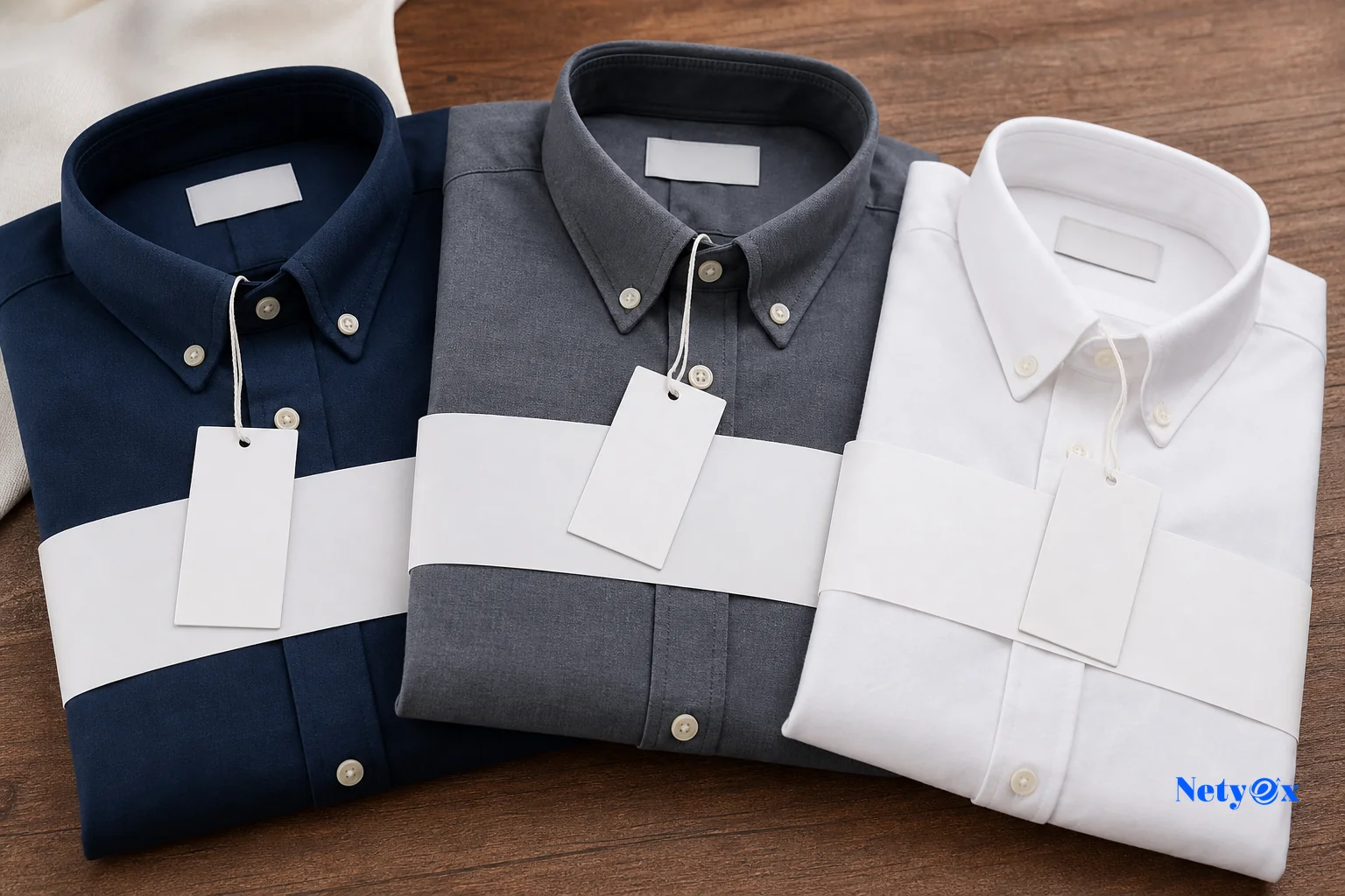 Close-up of custom private label garment branding elements like woven labels and folded packaged shirts. photorealistic close-up photo of neatly folded private label shirts wrapped in minimalist packaging with blank woven fabric labels and