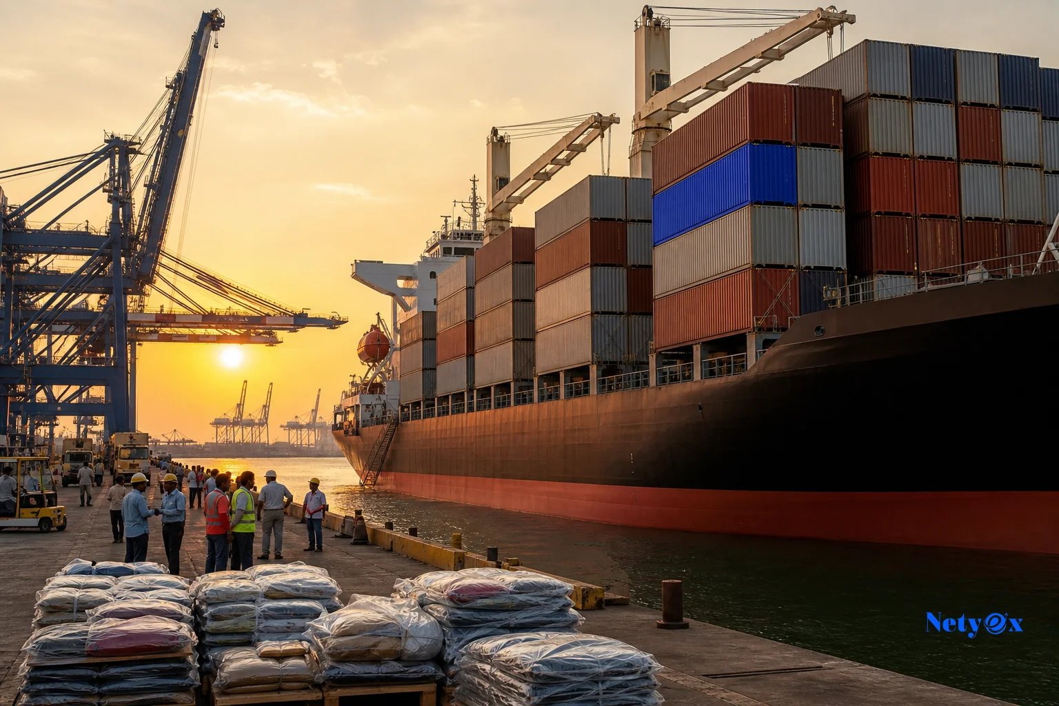 A world map style visual context of global apparel sourcing hubs with shipping and trade theme. photorealistic photo of a global logistics scene showing a cargo ship loaded with shipping containers at an Indian port at golden hour, one