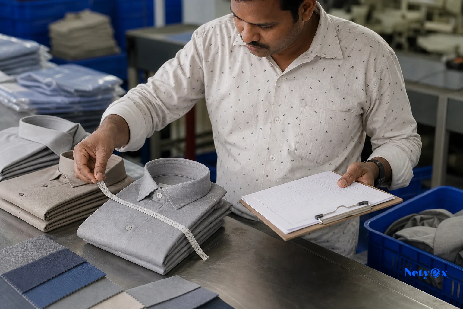 A quality control inspector checking stitching and fabric quality on finished garments before export. photorealistic photo of a quality control inspector in India examining folded shirts and fabric samples on a stainless steel inspection