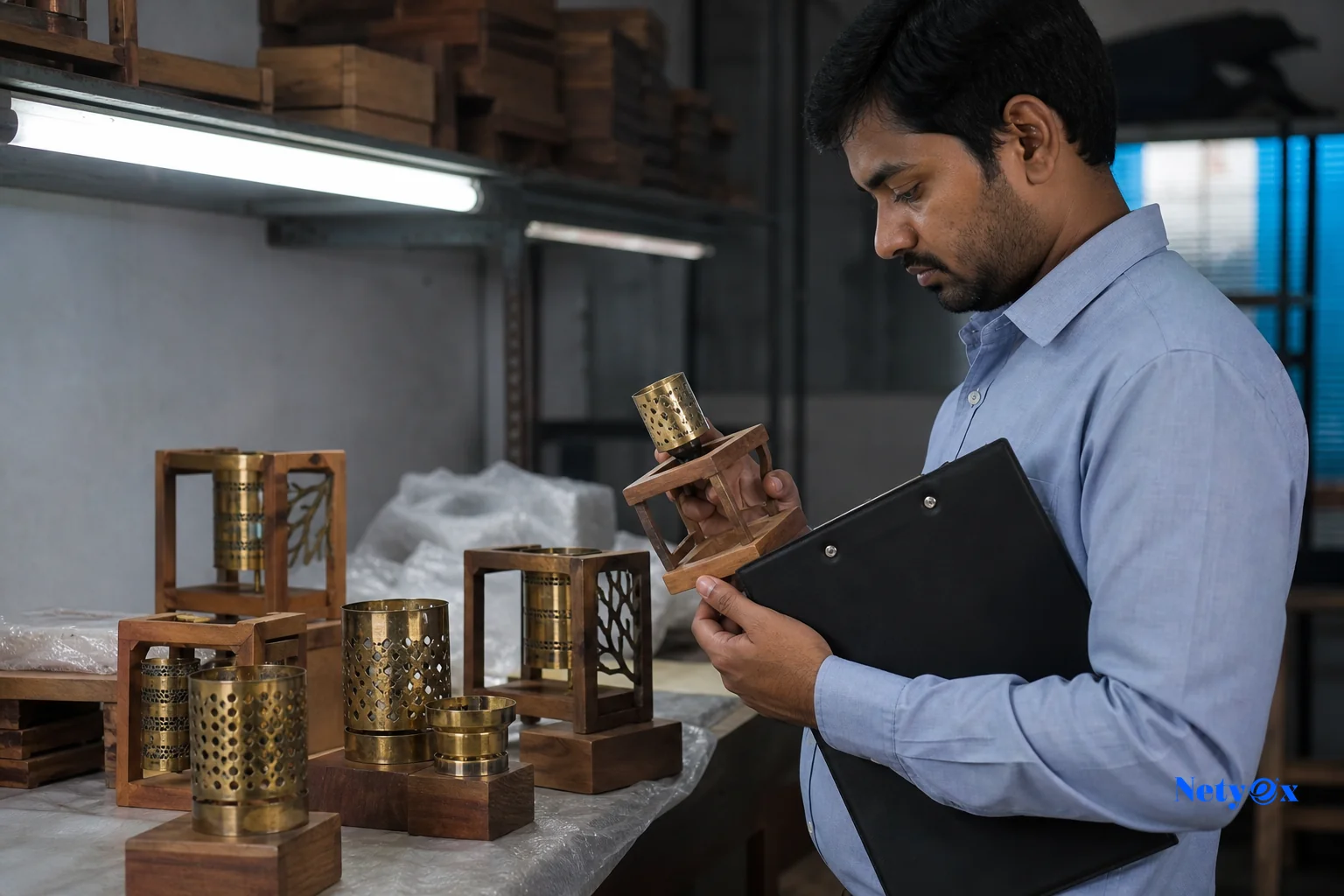 photorealistic photo of a quality control inspector examining handcrafted home decor items on a workbench inside a small Indian manufacturing unit, clipboard and inspection tools visible, cool blue-toned lighting accents, realistic textures