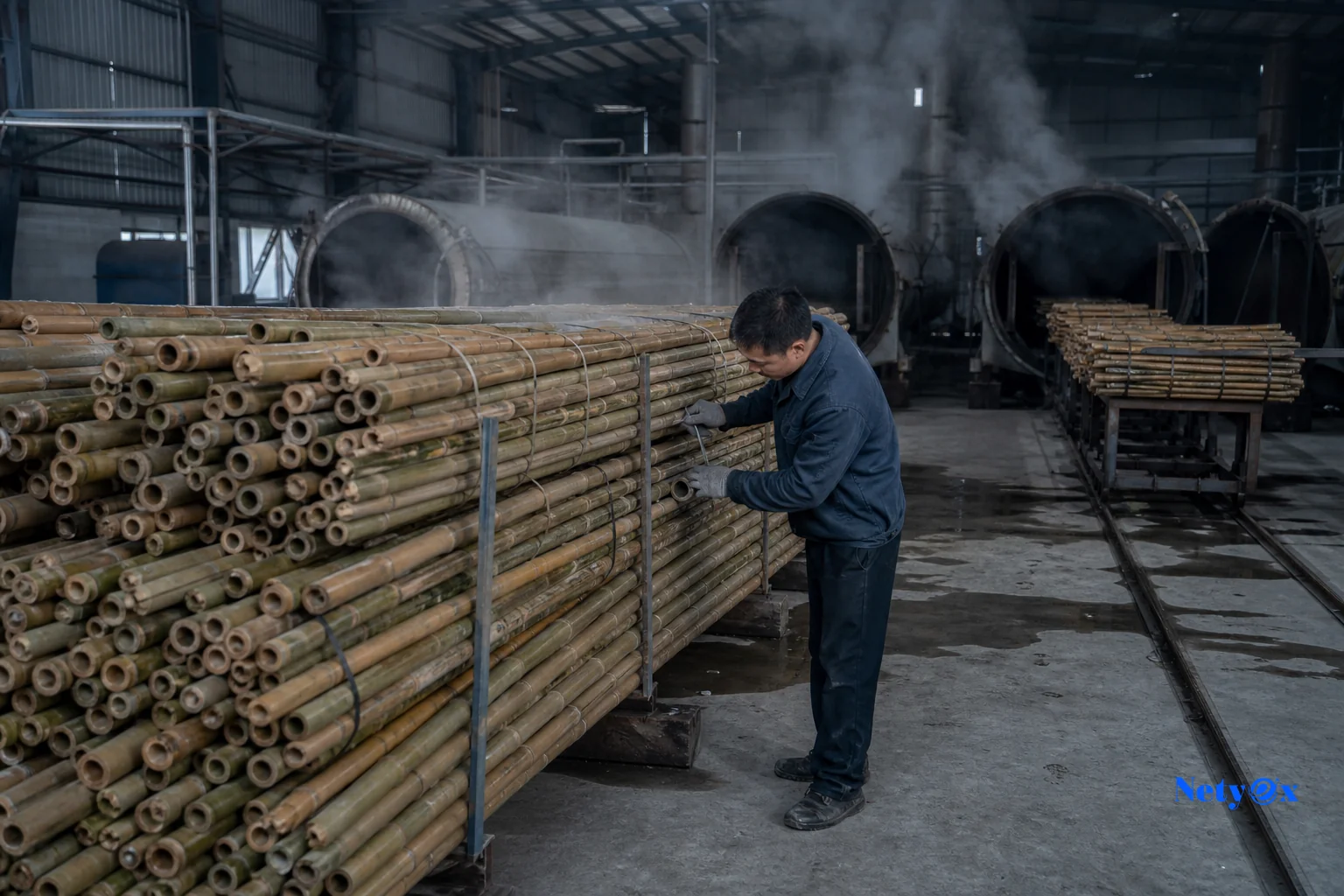 Bamboo poles being kiln dried or treated at a factory. photorealistic photo of a bamboo treatment facility interior showing bundled bamboo poles stacked for kiln drying, steam or heat visible rising near the stacks, industrial factory