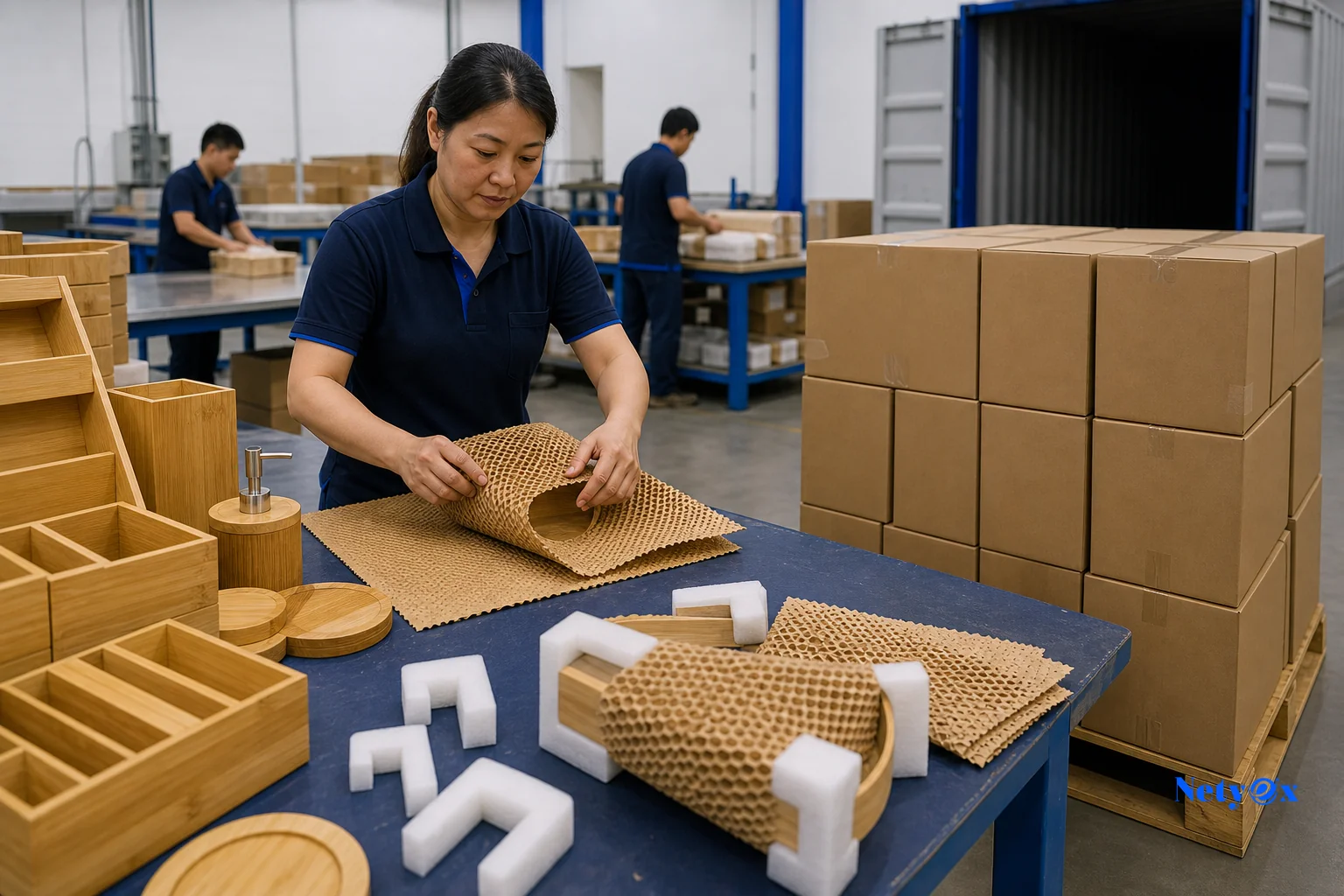 Export cartons of bamboo products being packed and palletized for shipping. photorealistic photo of a warehouse export packing station with bamboo homeware products being carefully wrapped in protective honeycomb paper and foam corner