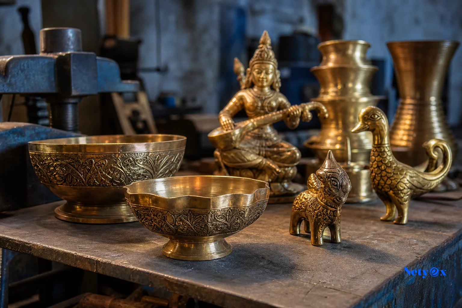 Close-up of brass handicraft items in a small production setting. photorealistic close-up photograph of polished brass decorative items such as small bowls and figurines arranged on a metal workbench in an Indian metalworking workshop, warm