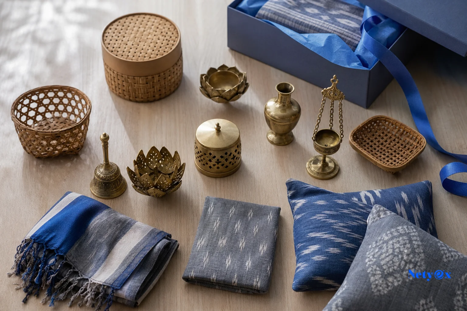 Overhead flat-lay of assorted Indian handicrafts including bamboo baskets, brass items, and folded textiles arranged for a trial order sample box. photorealistic overhead flat-lay photograph of an assortment of Indian handicraft samples