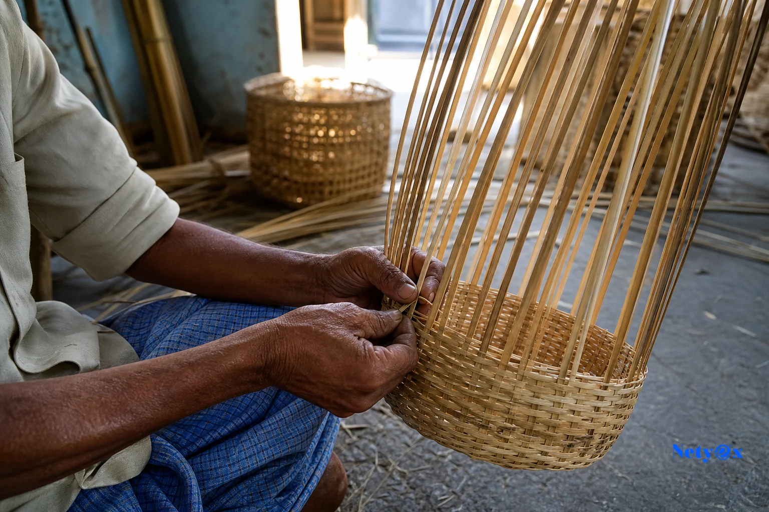 Artisan workshop scene showing bamboo weaving in progress. photorealistic photograph inside a small Indian artisan workshop, a craftsman's hands weaving a bamboo basket with natural bamboo strips, warm daylight from an open doorway, earthy
